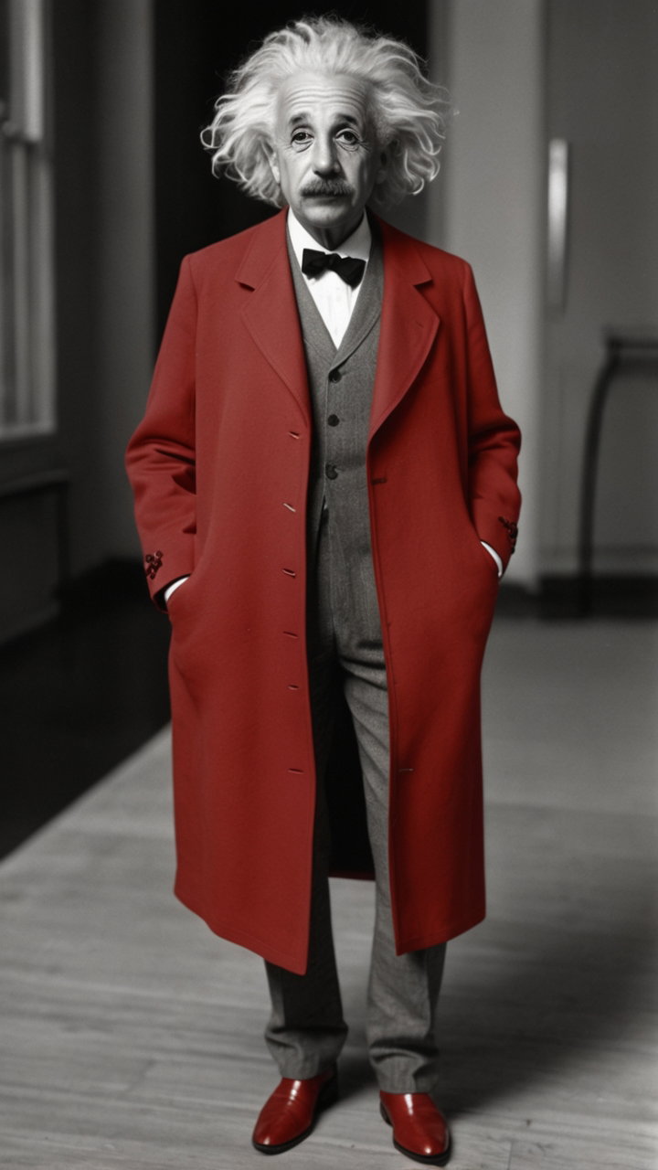 Einstein Inspired Red Designer Coat Fashion Portrait 2