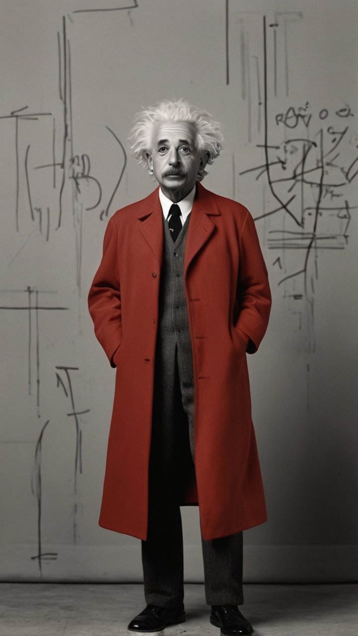 Einstein Inspired Red Designer Coat Fashion Portrait 3
