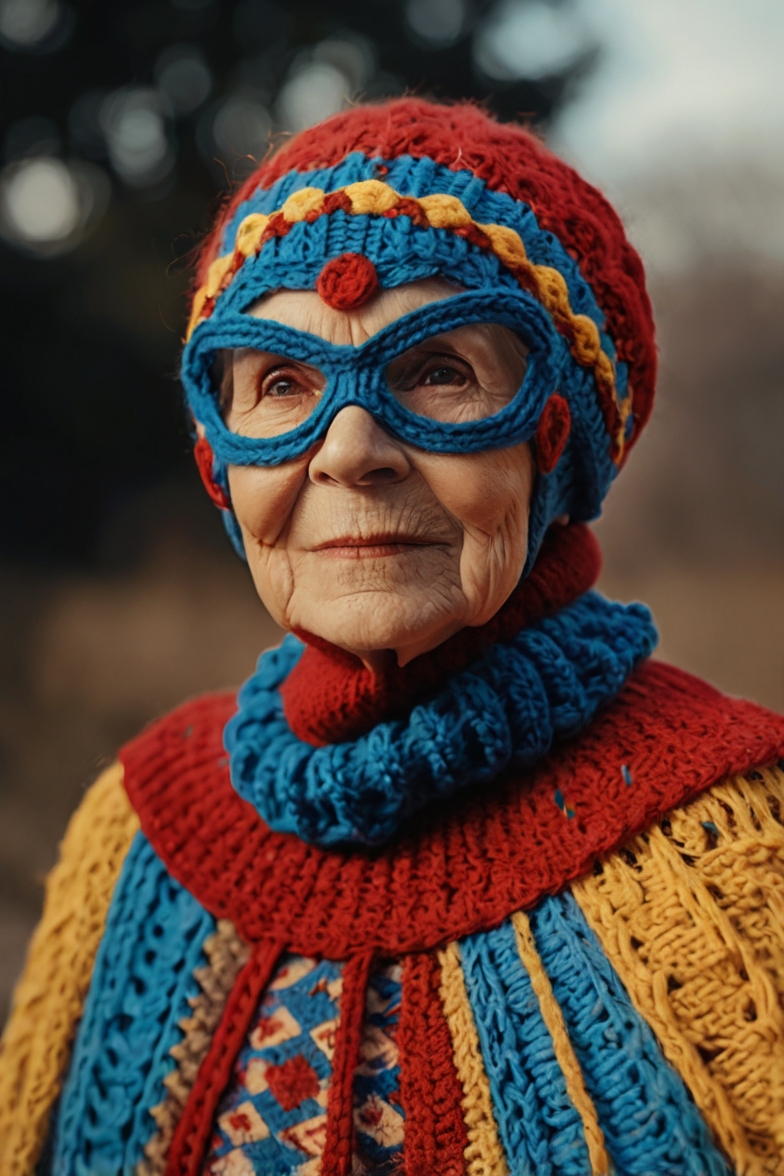 Elderly Woman Colorful Knit Superhero 1