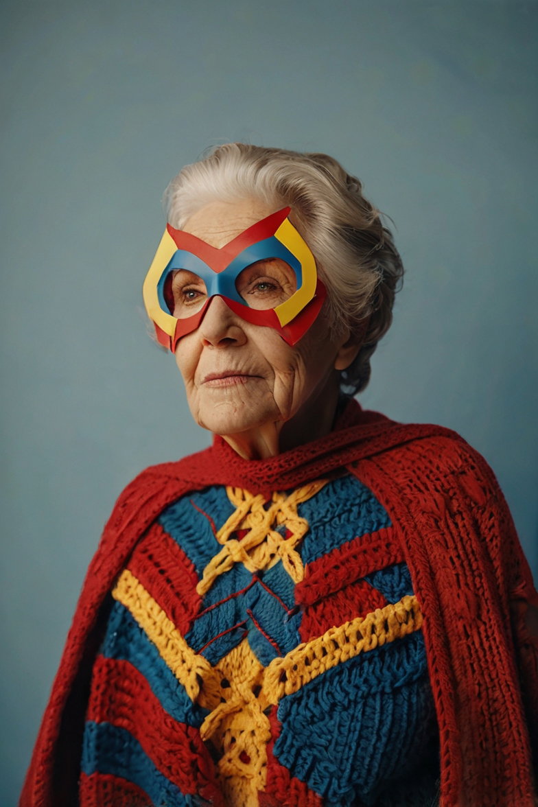 Elderly Woman Colorful Knit Superhero 2
