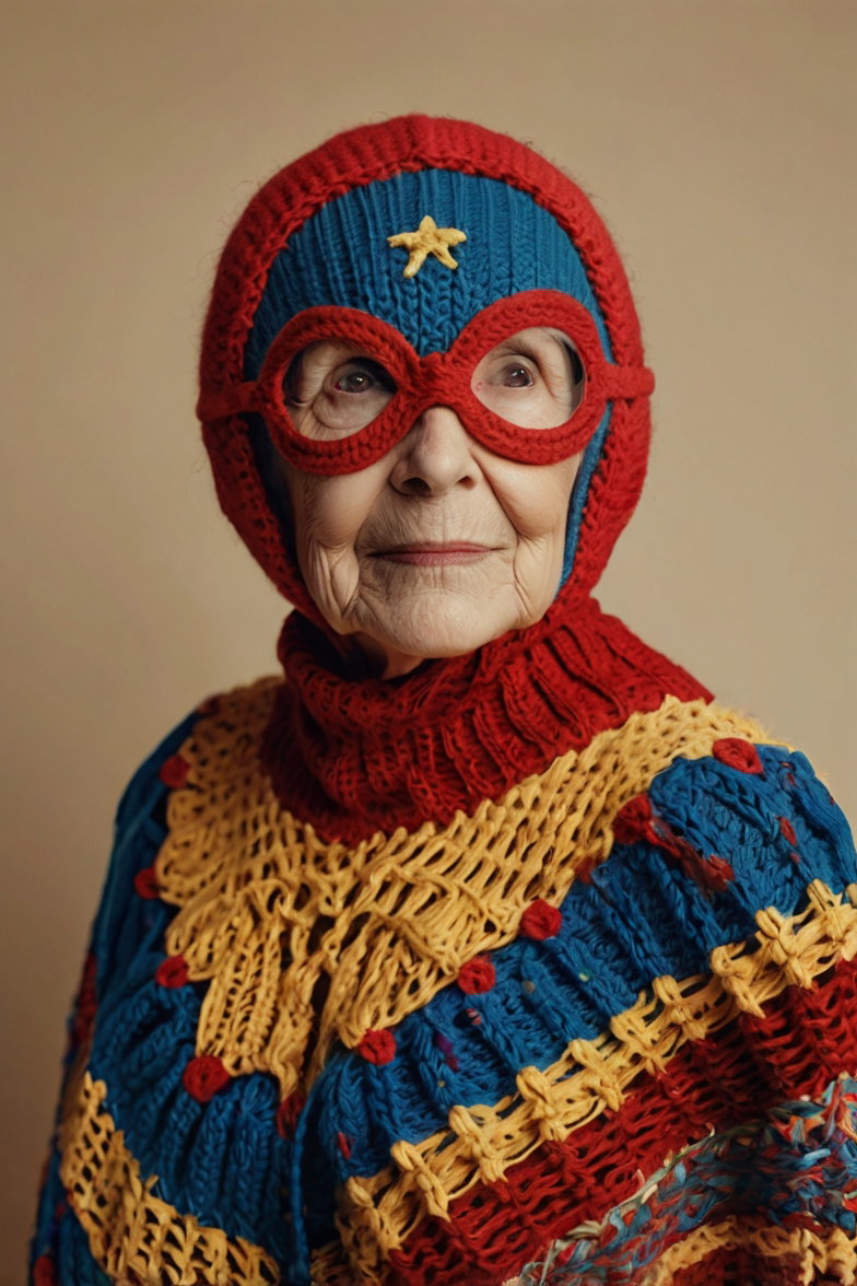 Elderly Woman Colorful Knit Superhero 3