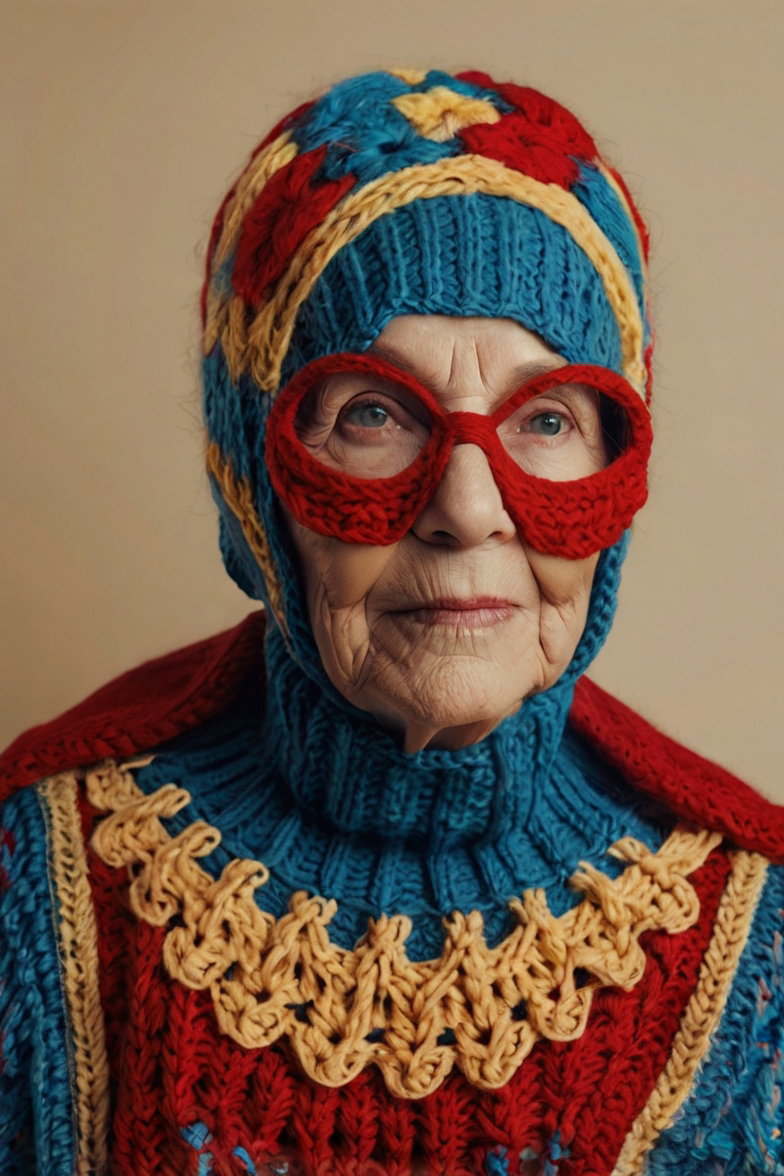 Elderly Woman Colorful Knit Superhero 4