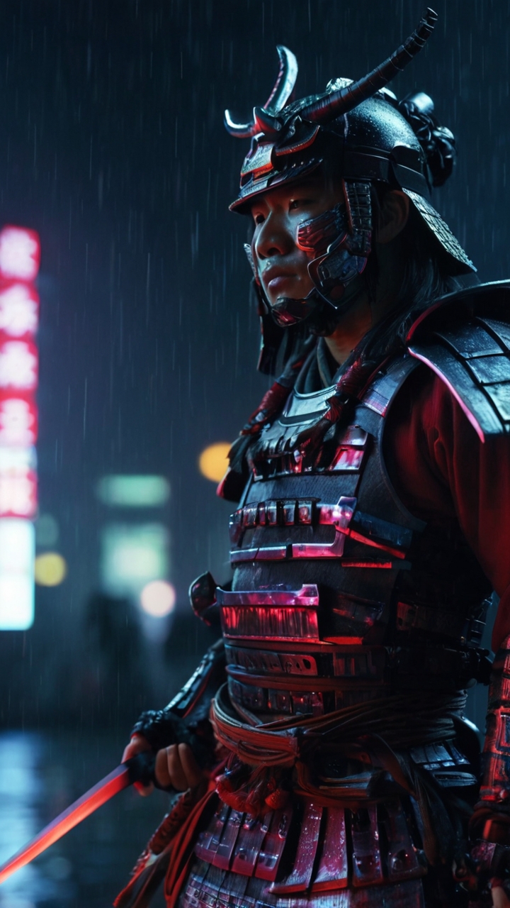 Futuristic Samurai Neon Armor Rainy Street 1