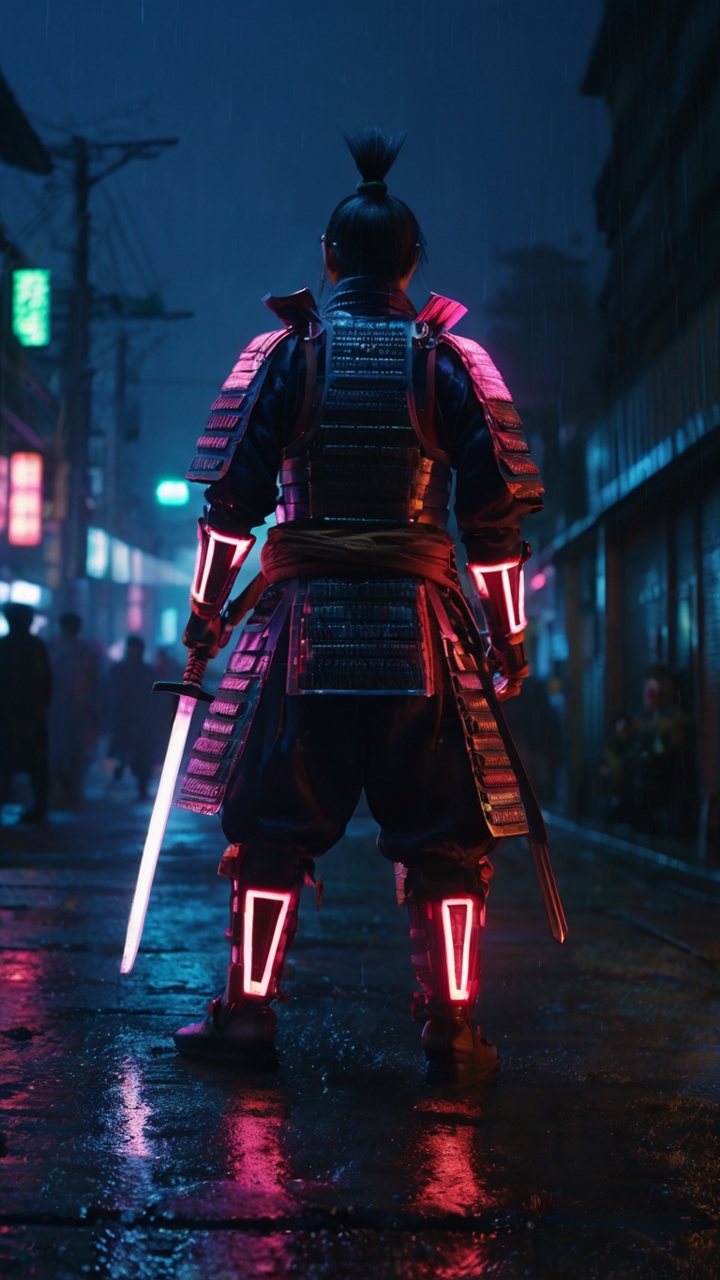 Futuristic Samurai Neon Armor Rainy Street 2