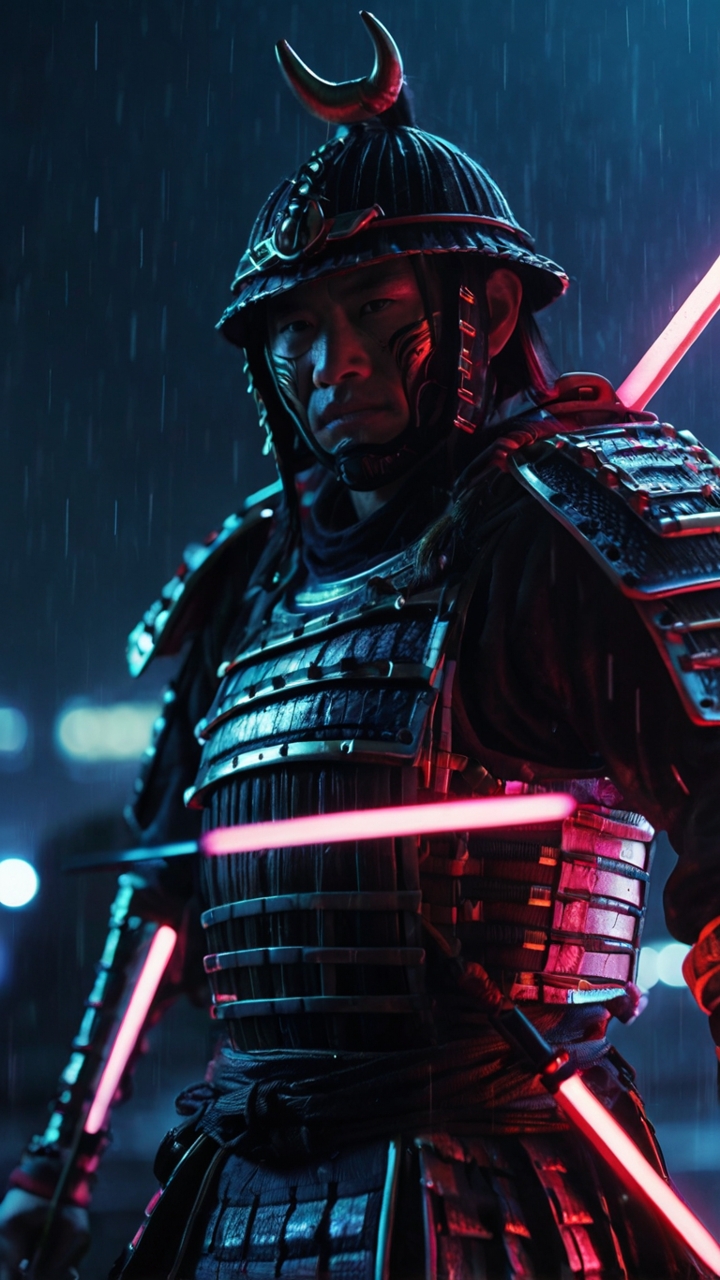 Futuristic Samurai Neon Armor Rainy Street 3
