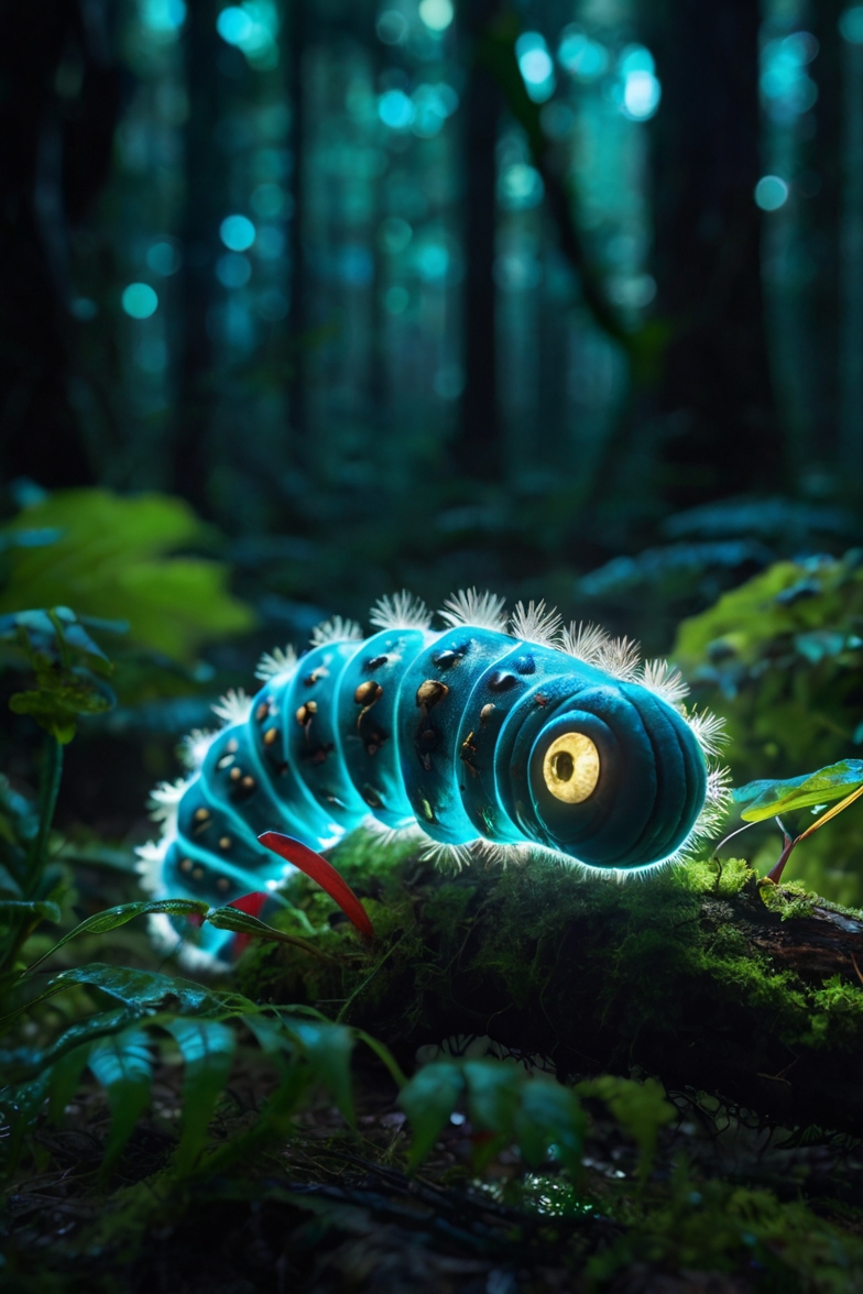 Glowing Bioluminescent Caterpillar Forest Scene 1
