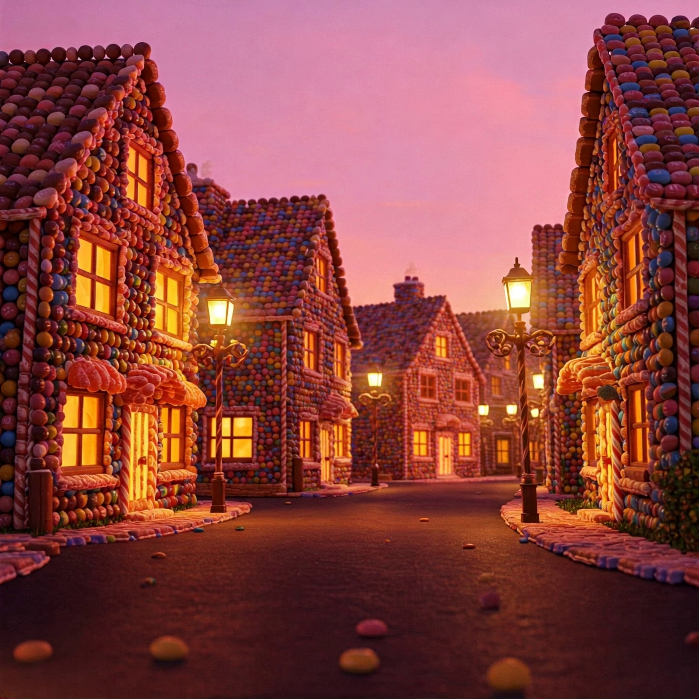 Glowing Candy Houses Streetlamps Pink Sky Video – video thumbnail