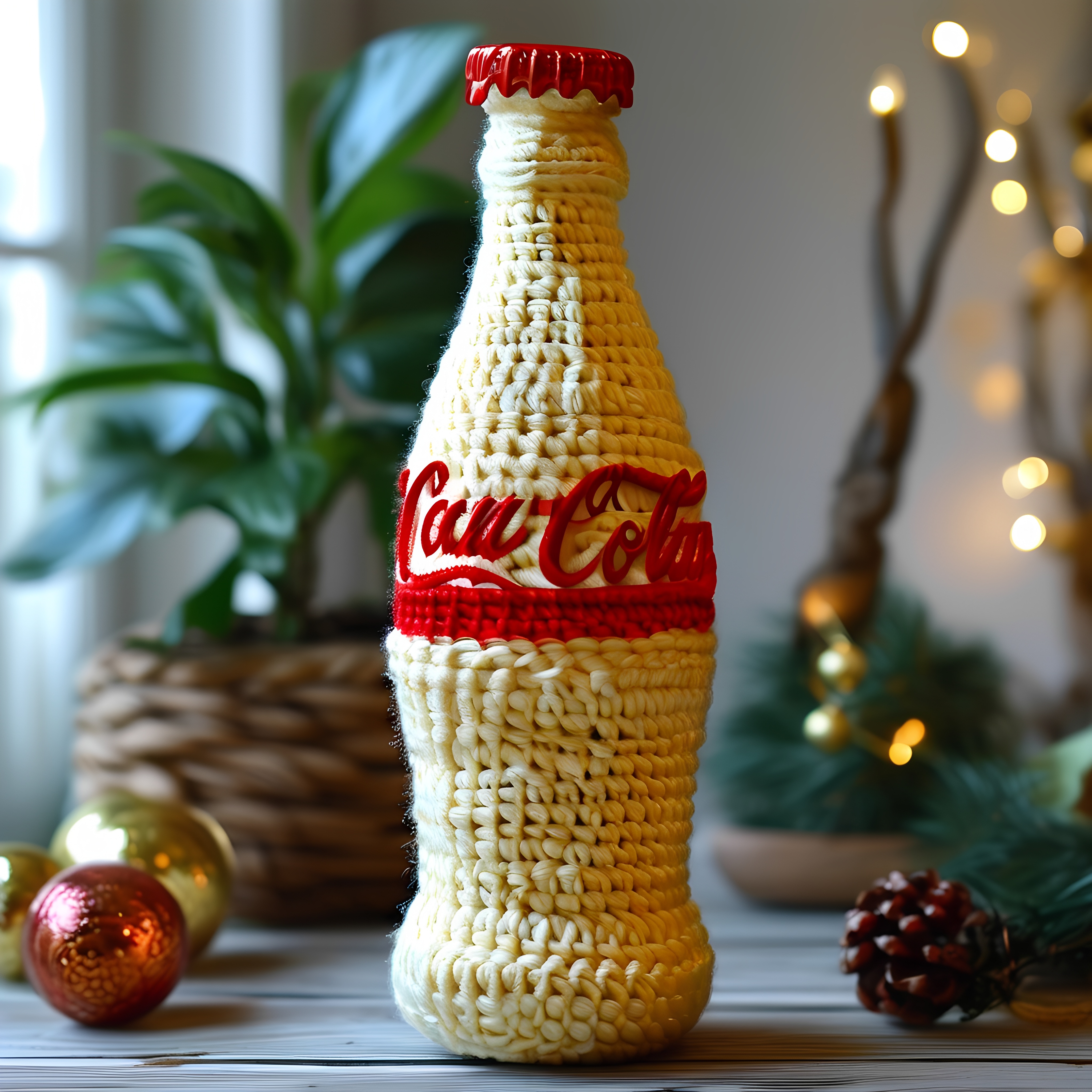 Handmade Crochet Coca Cola Style Bottle With Holiday Decor