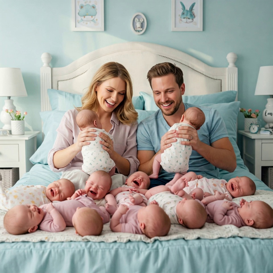 Happy Parents Multiple Babies Blue Bedroom Video – video thumbnail