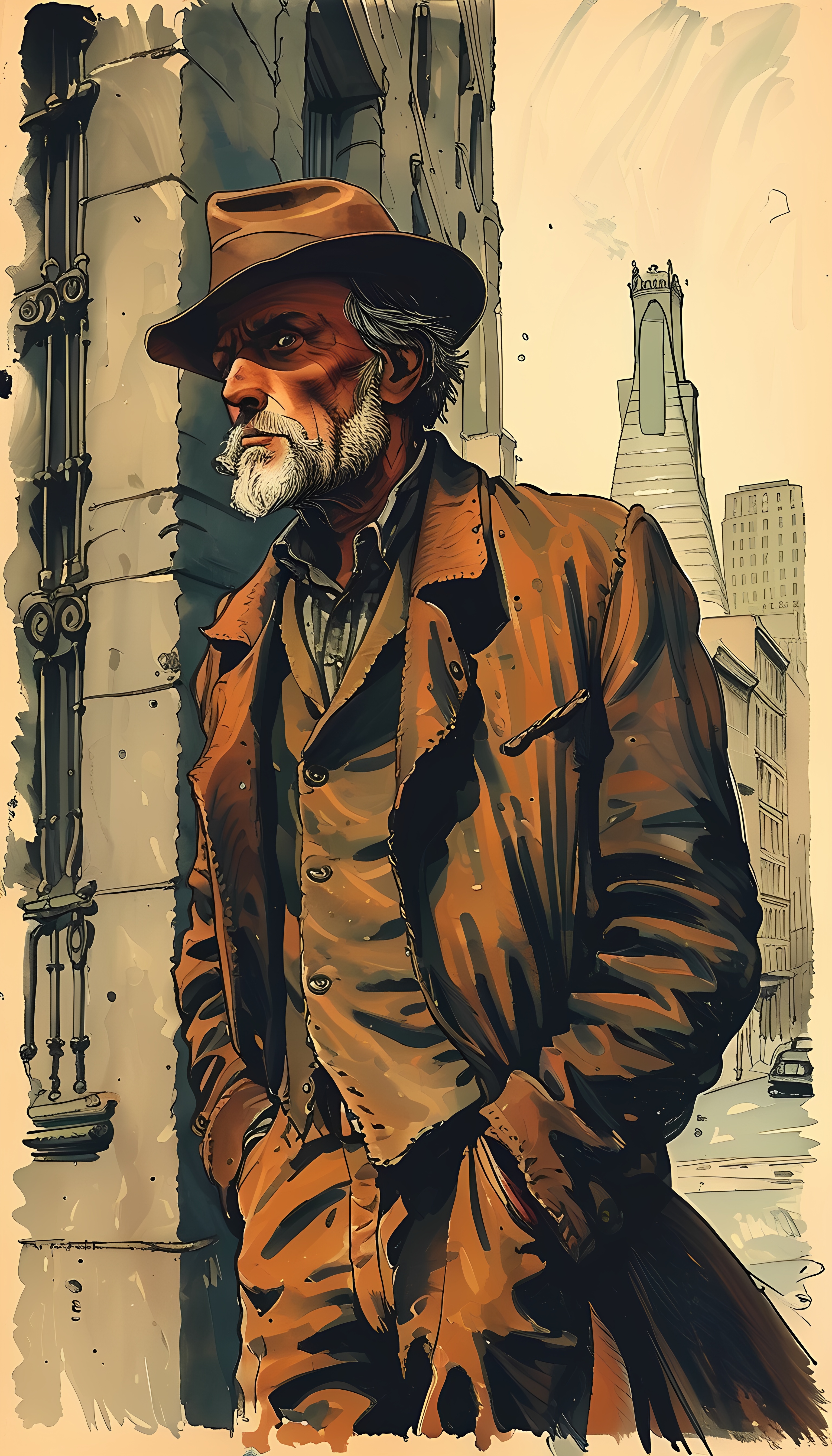Illustrated Men Wearing Trench Coats Urban Noir Style 2