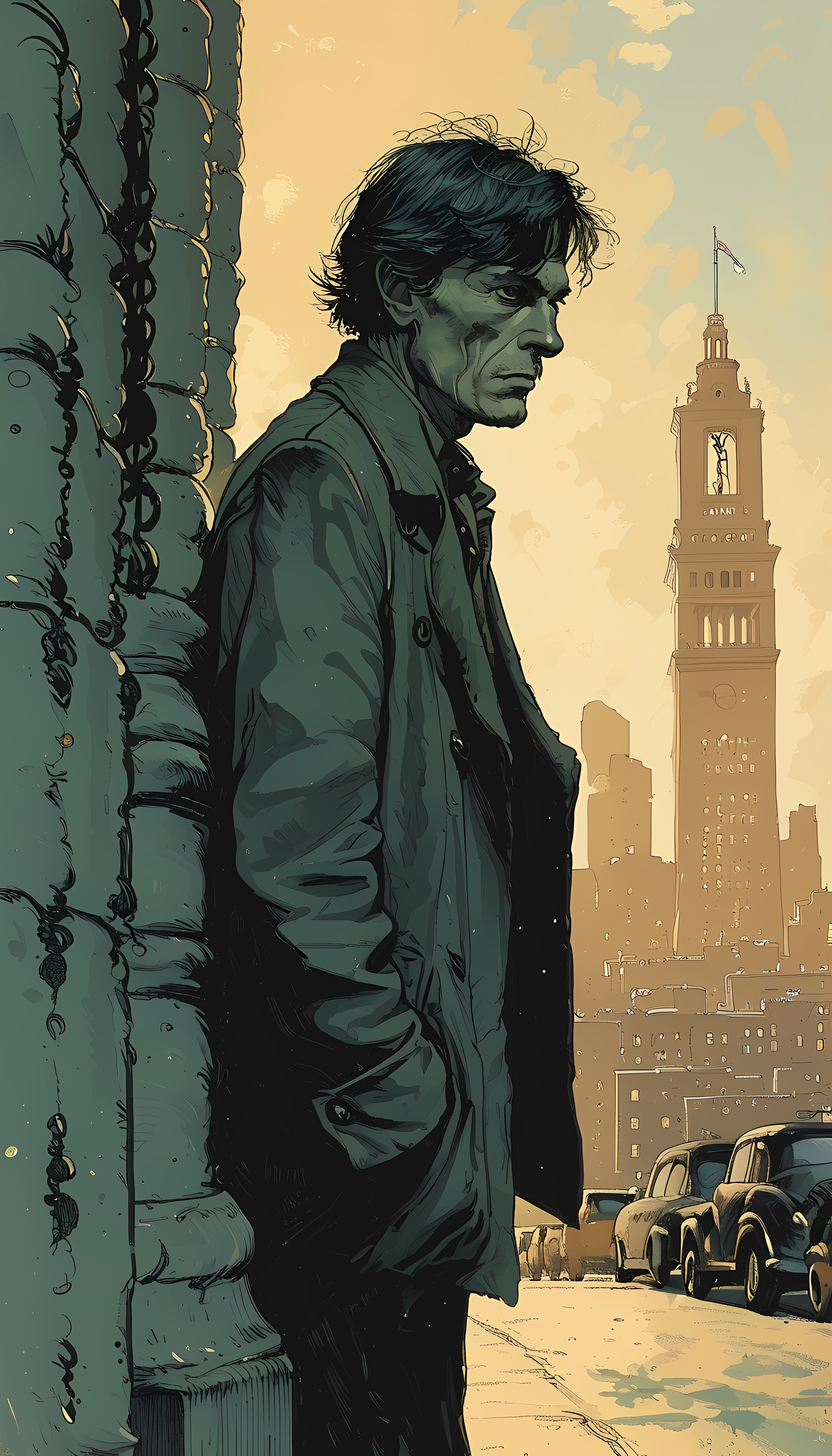 Illustrated Men Wearing Trench Coats Urban Noir Style 3