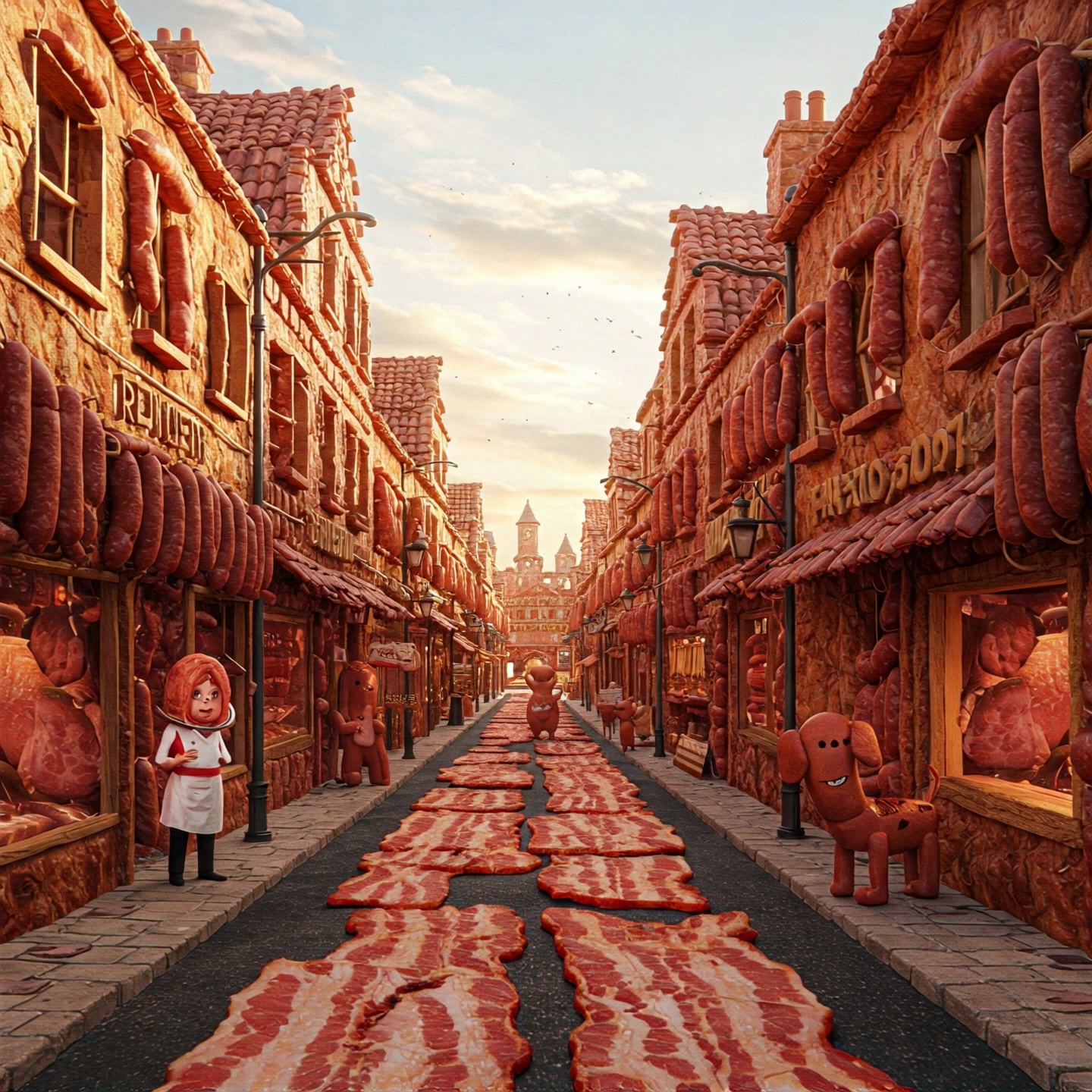 Meat Cityscape Bacon Streets Sausage Buildings Video 2 Thumbnail