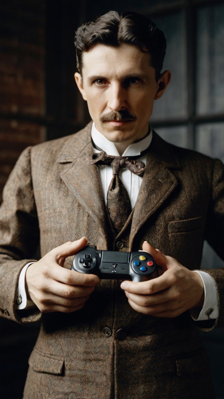Nikola Tesla Holding Playstation Controller Vintage Modern Fusion 1