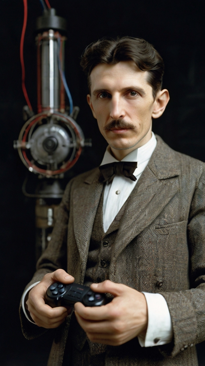 Nikola Tesla Holding Playstation Controller Vintage Modern Fusion 2