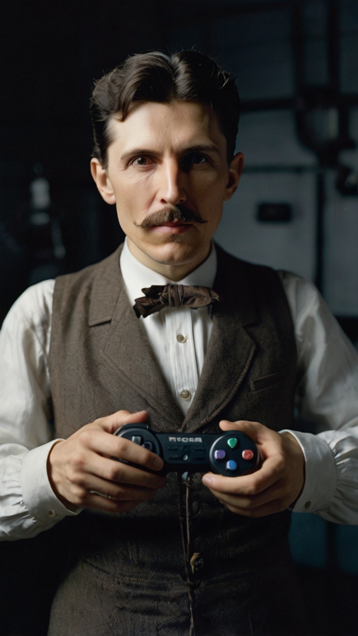 Nikola Tesla Holding Playstation Controller Vintage Modern Fusion 3