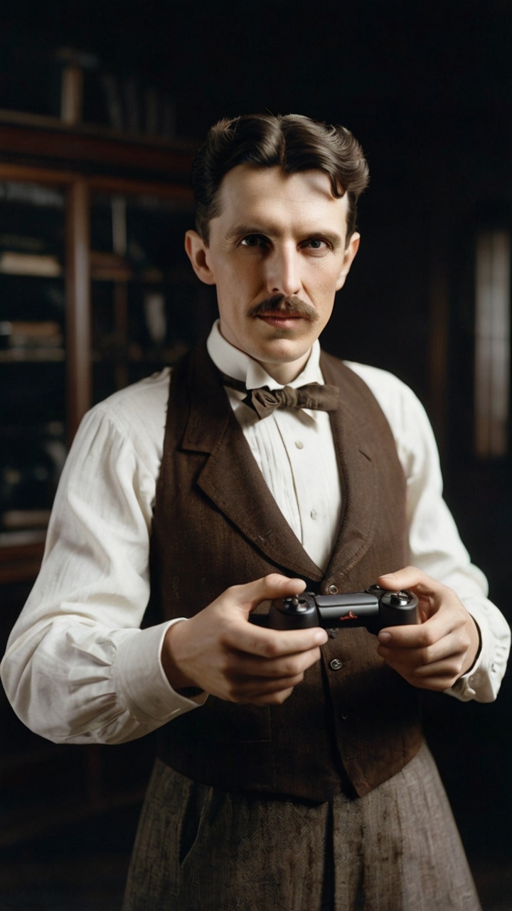 Nikola Tesla Holding Playstation Controller Vintage Modern Fusion 4
