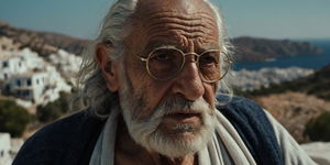 Old Greek Man Outdoors Closeup Traditional Garments Mediterranean Background 1