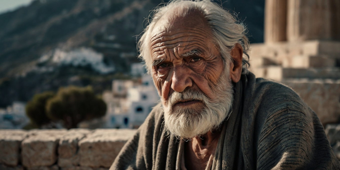 Old Greek Man Outdoors Closeup Traditional Garments Mediterranean Background 2