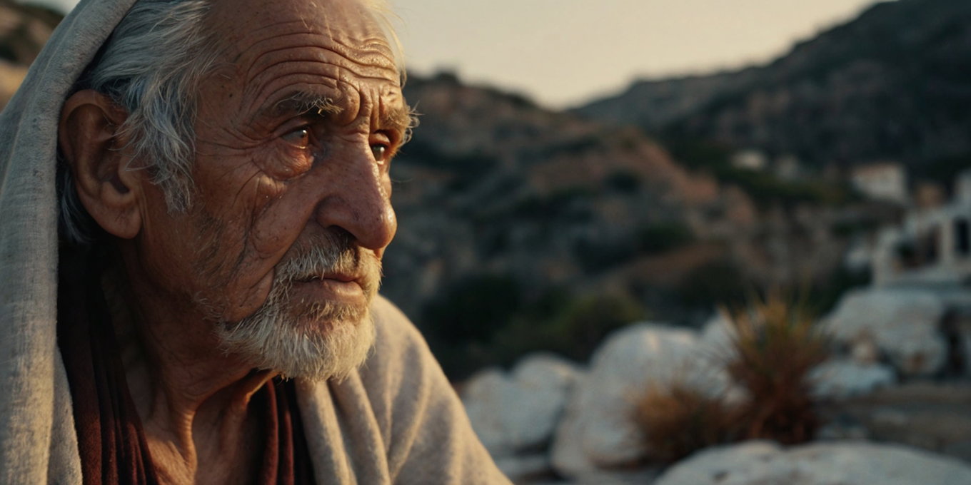 Old Greek Man Outdoors Closeup Traditional Garments Mediterranean Background 3