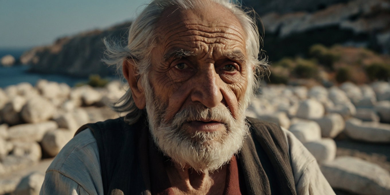 Old Greek Man Outdoors Closeup Traditional Garments Mediterranean Background 4