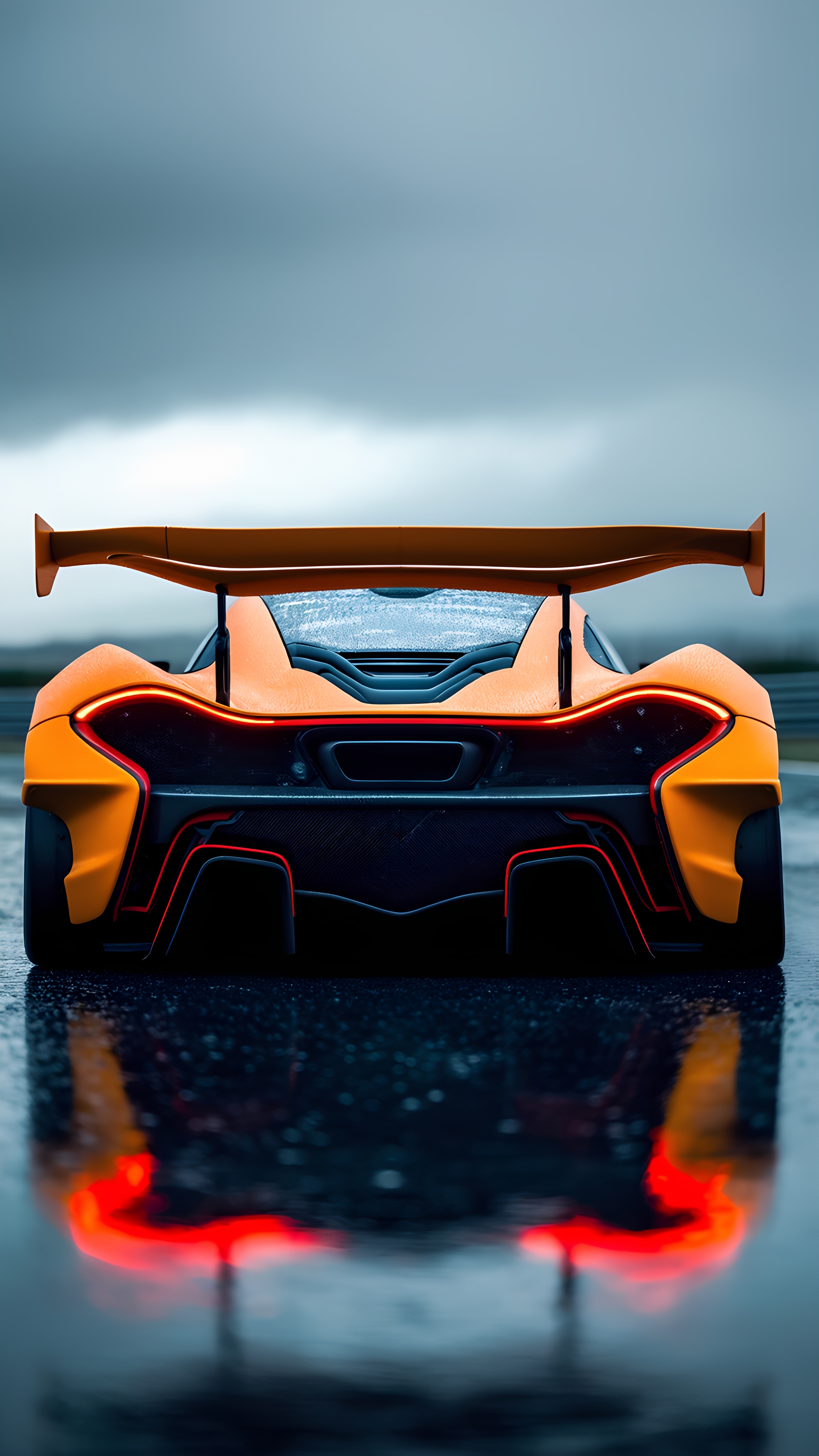 Orange Hypercar Wet Racetrack Cinematic Reflection 1