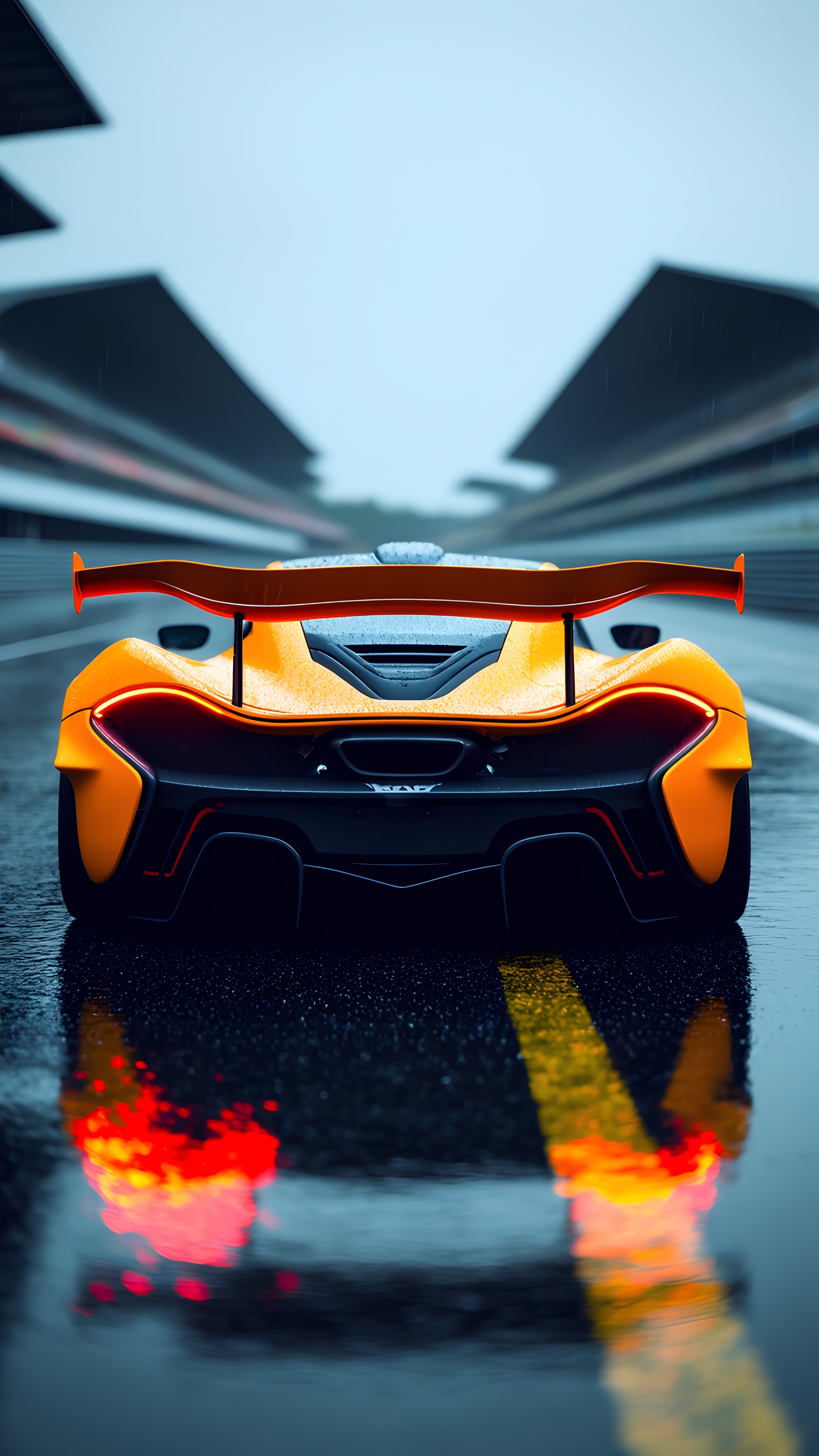 Orange Hypercar Wet Racetrack Cinematic Reflection 2