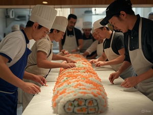 People Making Giant Sushi Roll Outside 1