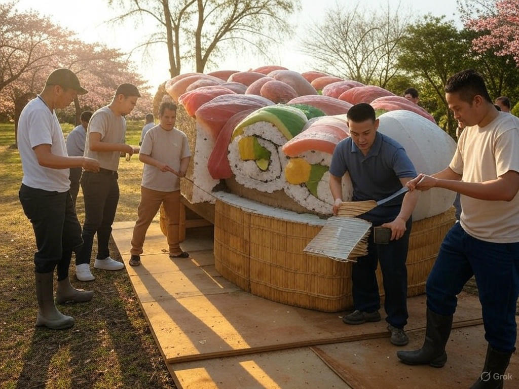 People Making Giant Sushi Roll Outside 2
