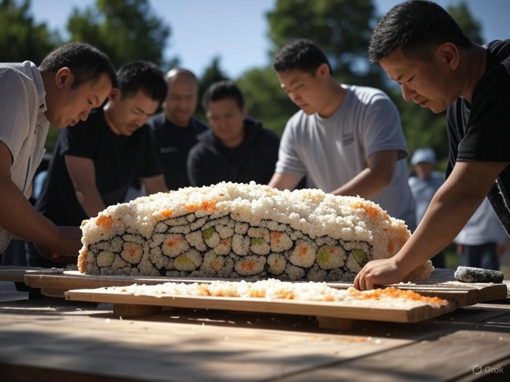 People Making Giant Sushi Roll Outside 3