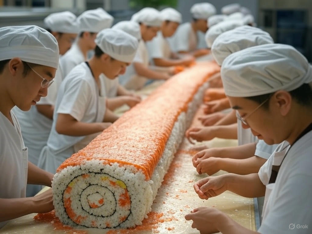 People Making Giant Sushi Roll Outside 4