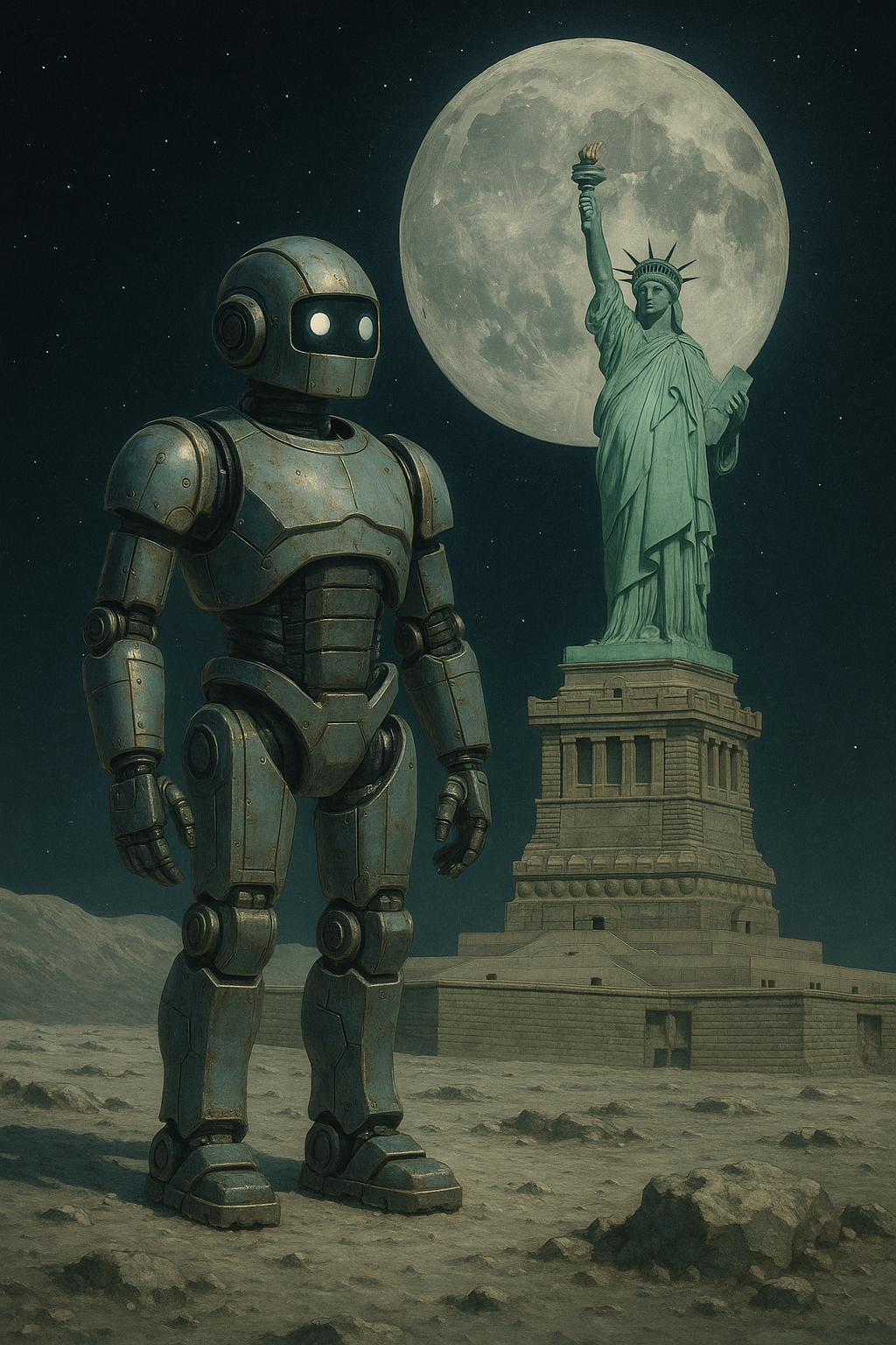 Robot Moon Statue Of Liberty Night Scene