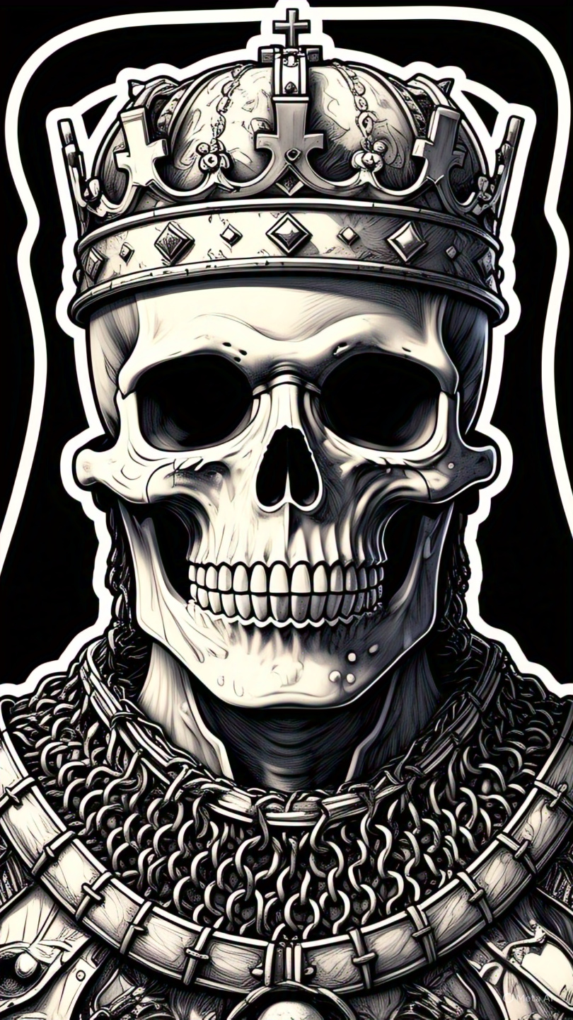 Skeleton King Black And White Line Drawing Medieval Armor Crown 1
