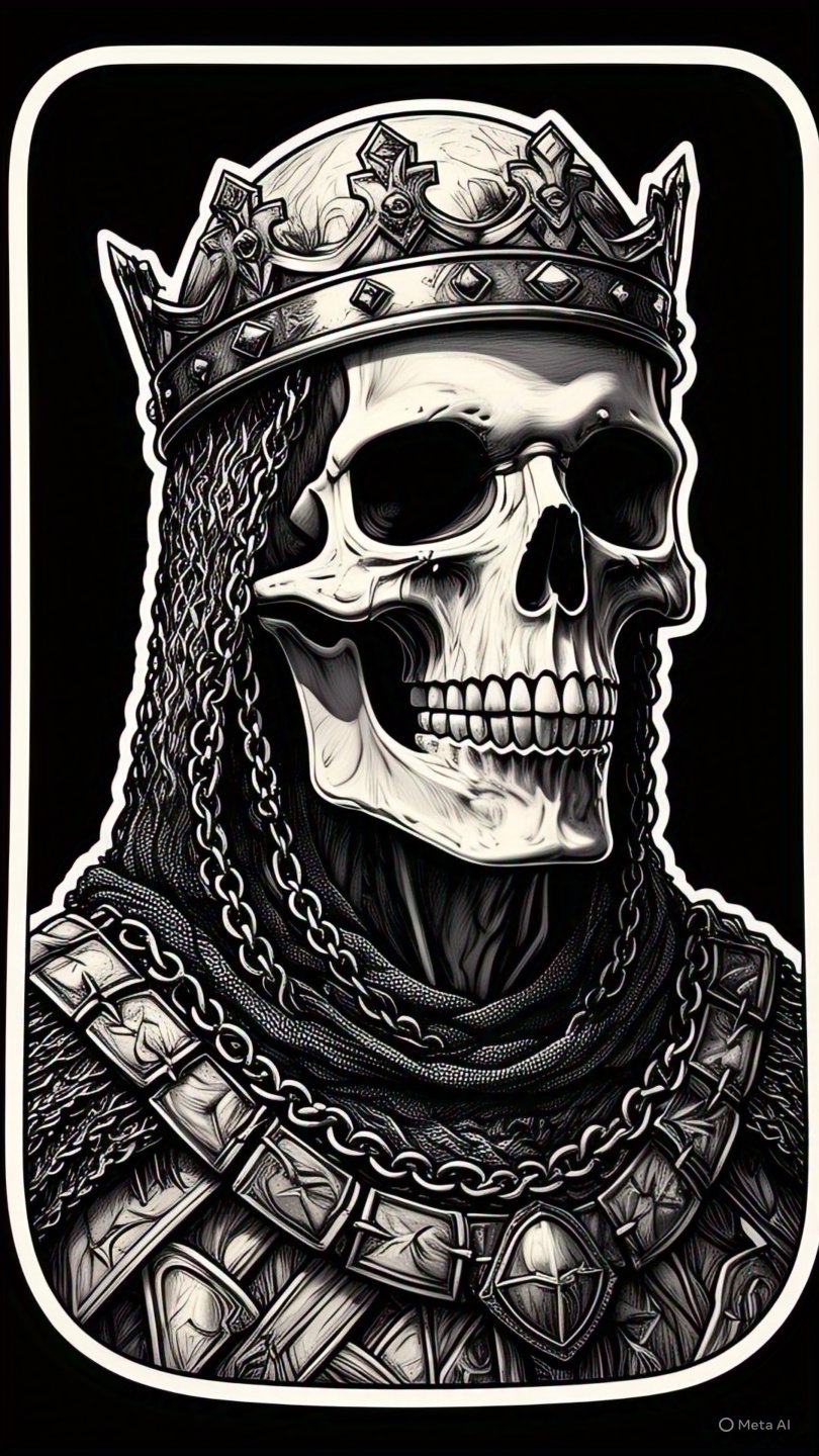 Skeleton King Black And White Line Drawing Medieval Armor Crown 2