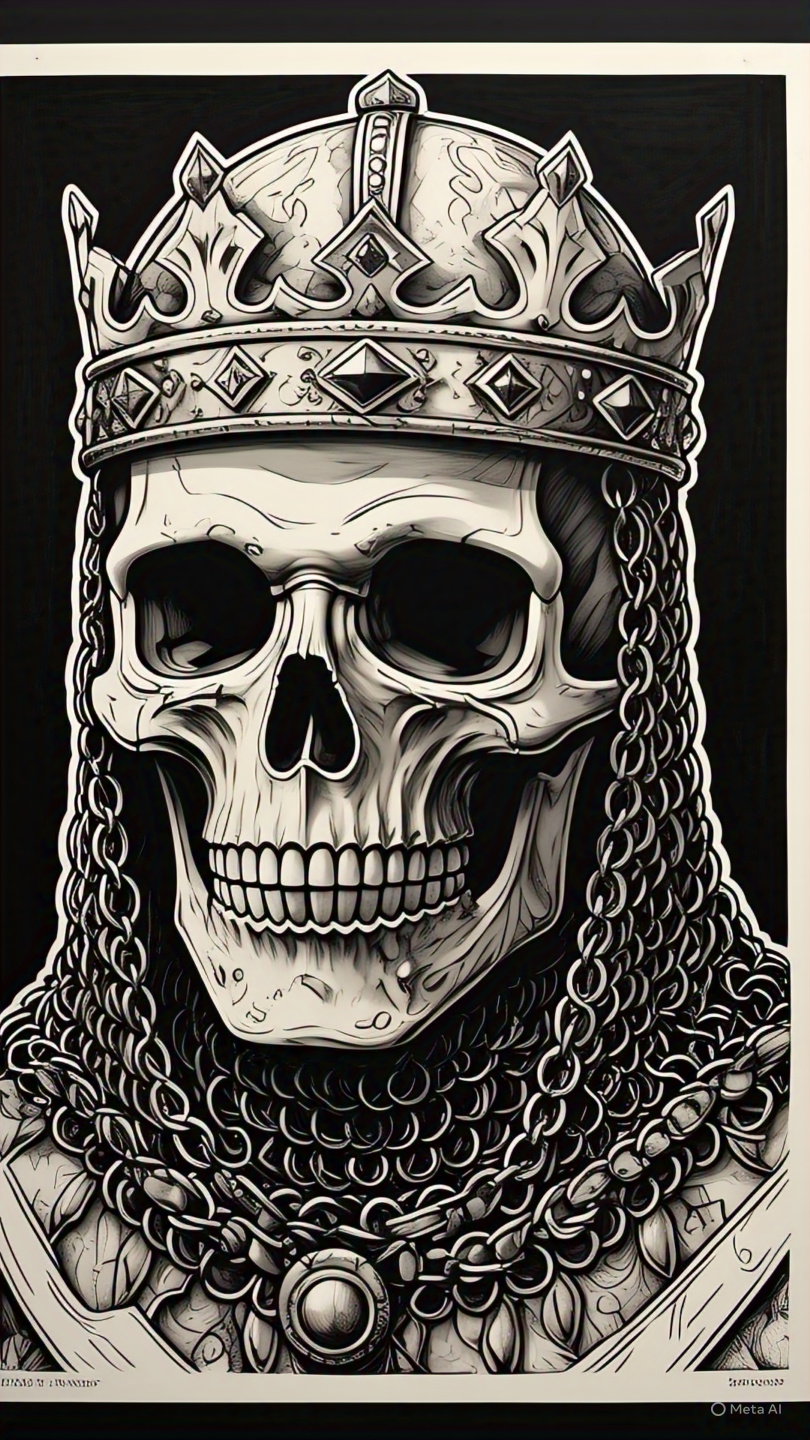 Skeleton King Black And White Line Drawing Medieval Armor Crown 3