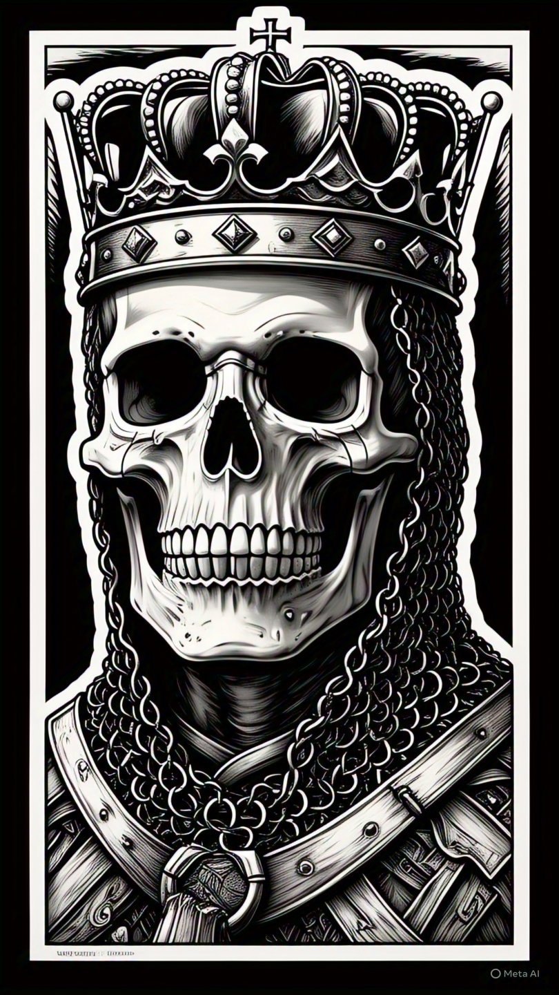 Skeleton King Black And White Line Drawing Medieval Armor Crown 4