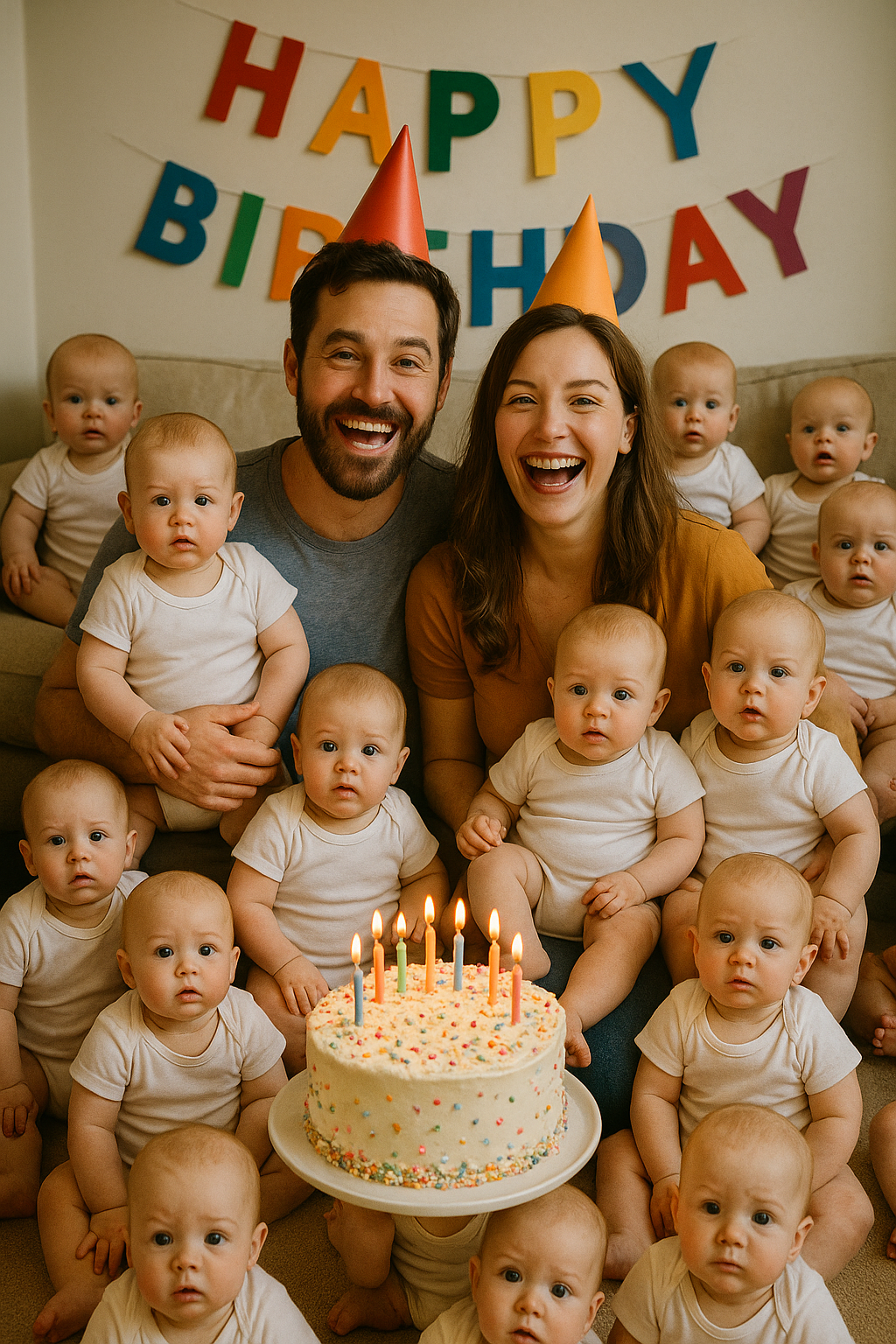 Smiling Parents Multiple Babies Birthday Cake