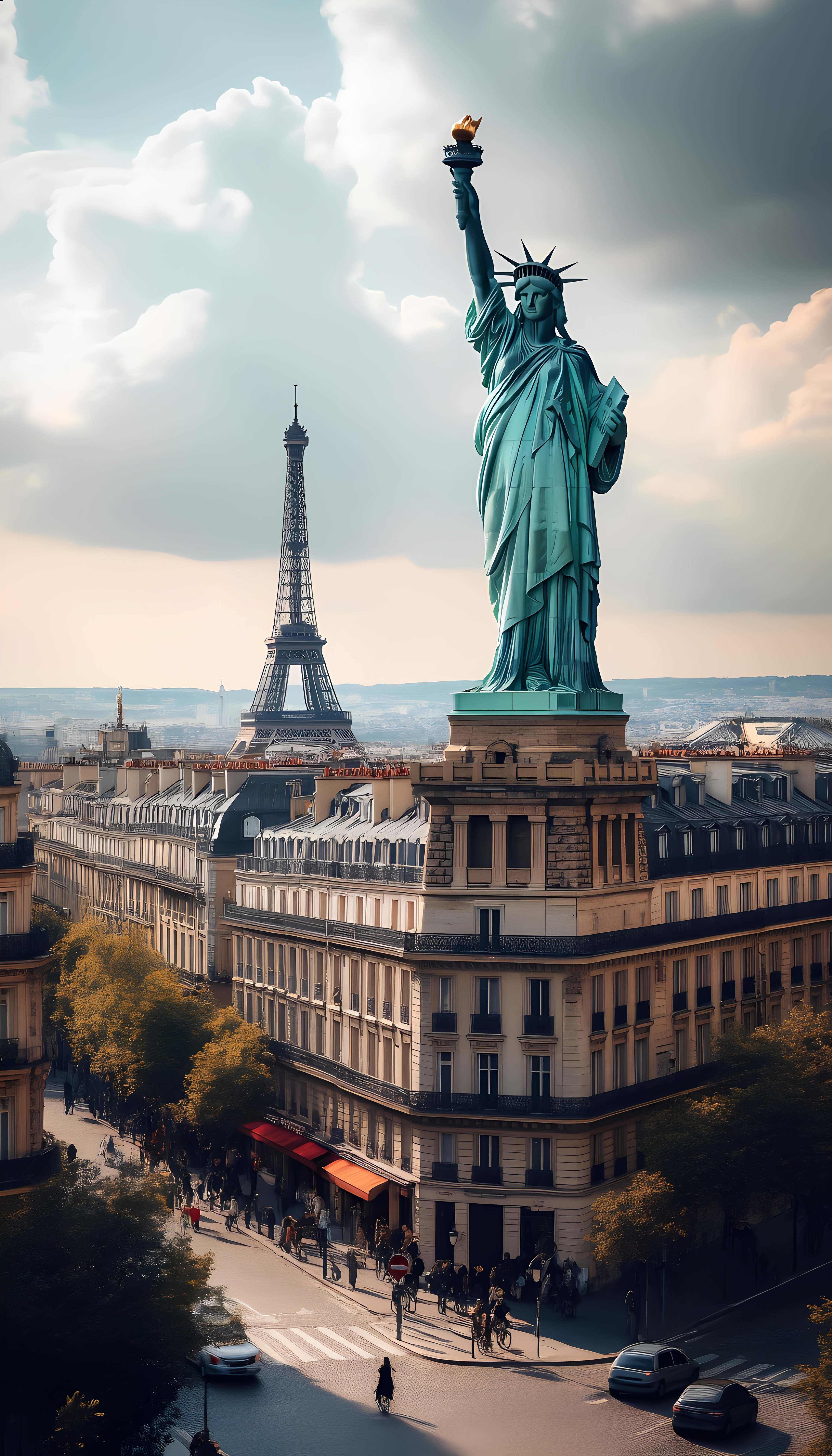 Statue Of Liberty Eiffel Tower Paris Surreal Mashup 1