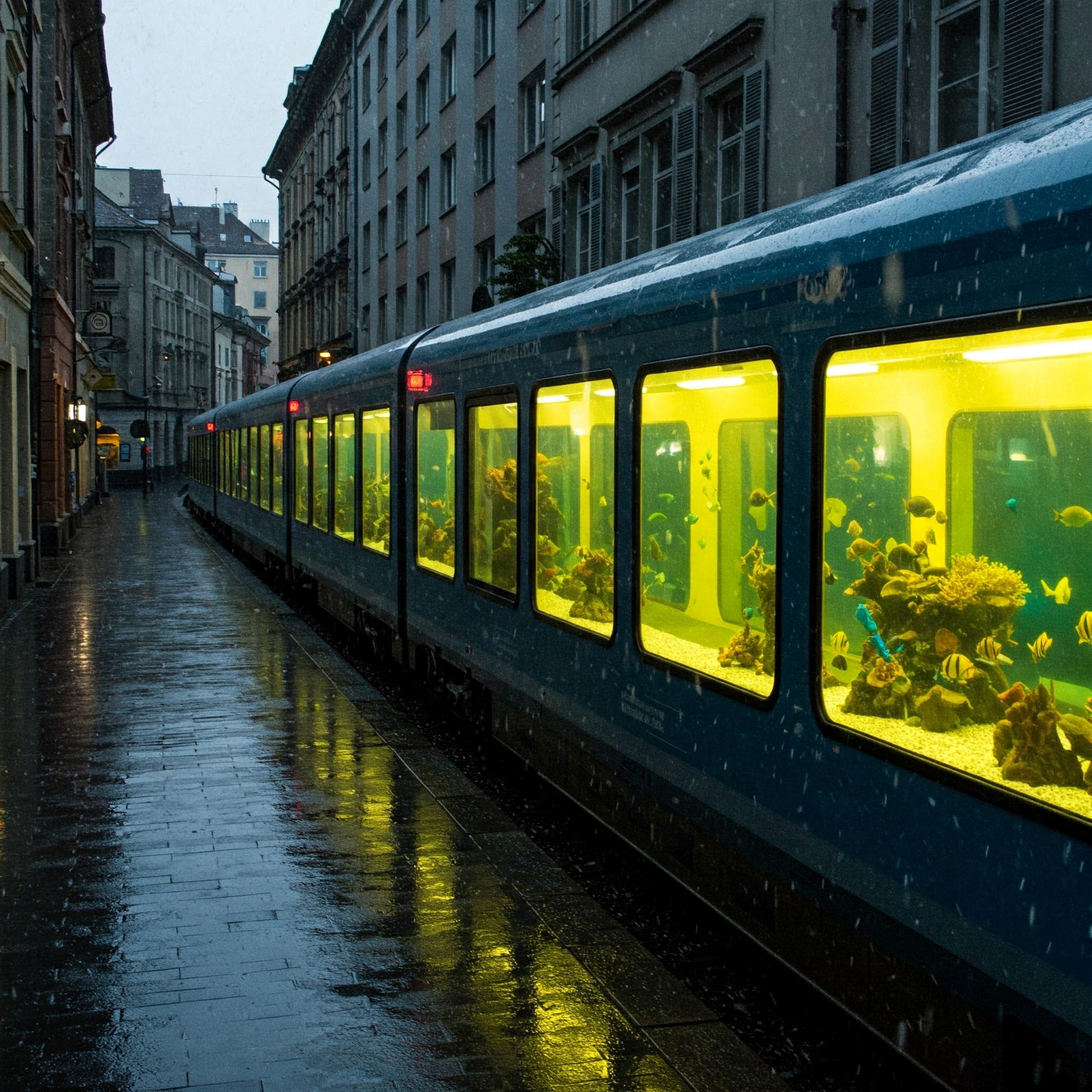 Surreal Train Aquarium Rainy Urban Scene