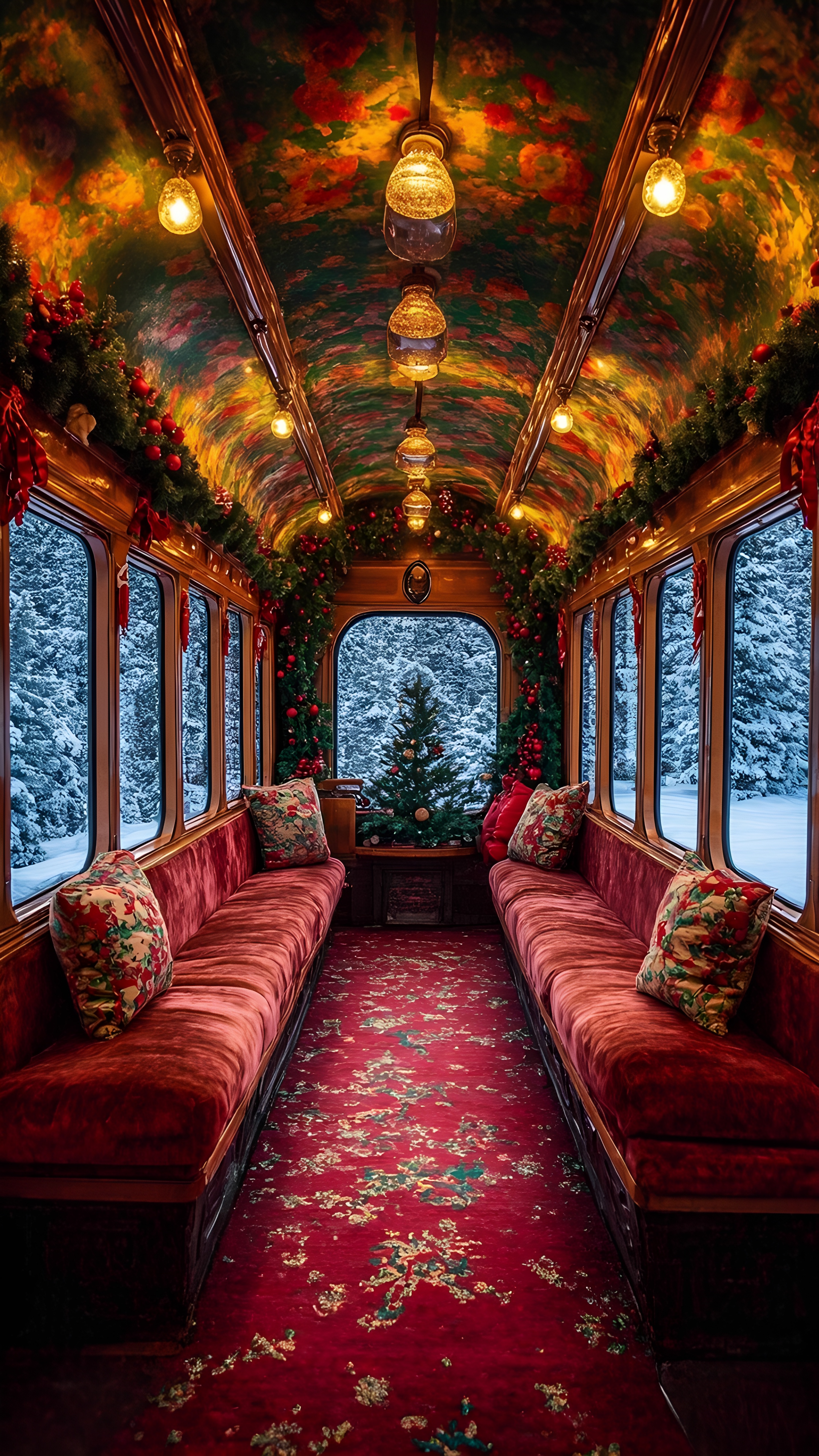 Vintage Christmas Train Car Decorated Interior 2