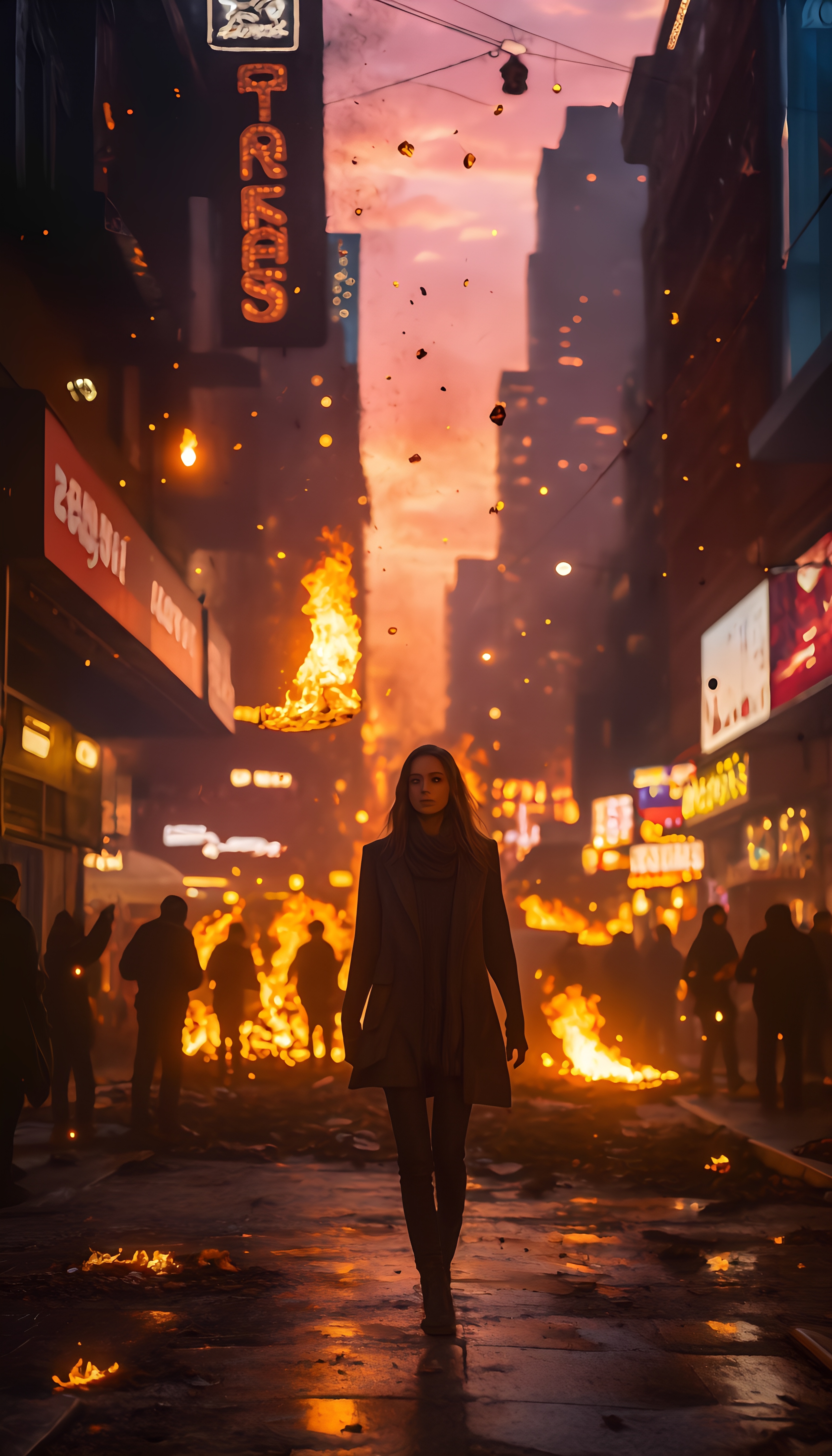 Woman Walking Through Flames City Street 1