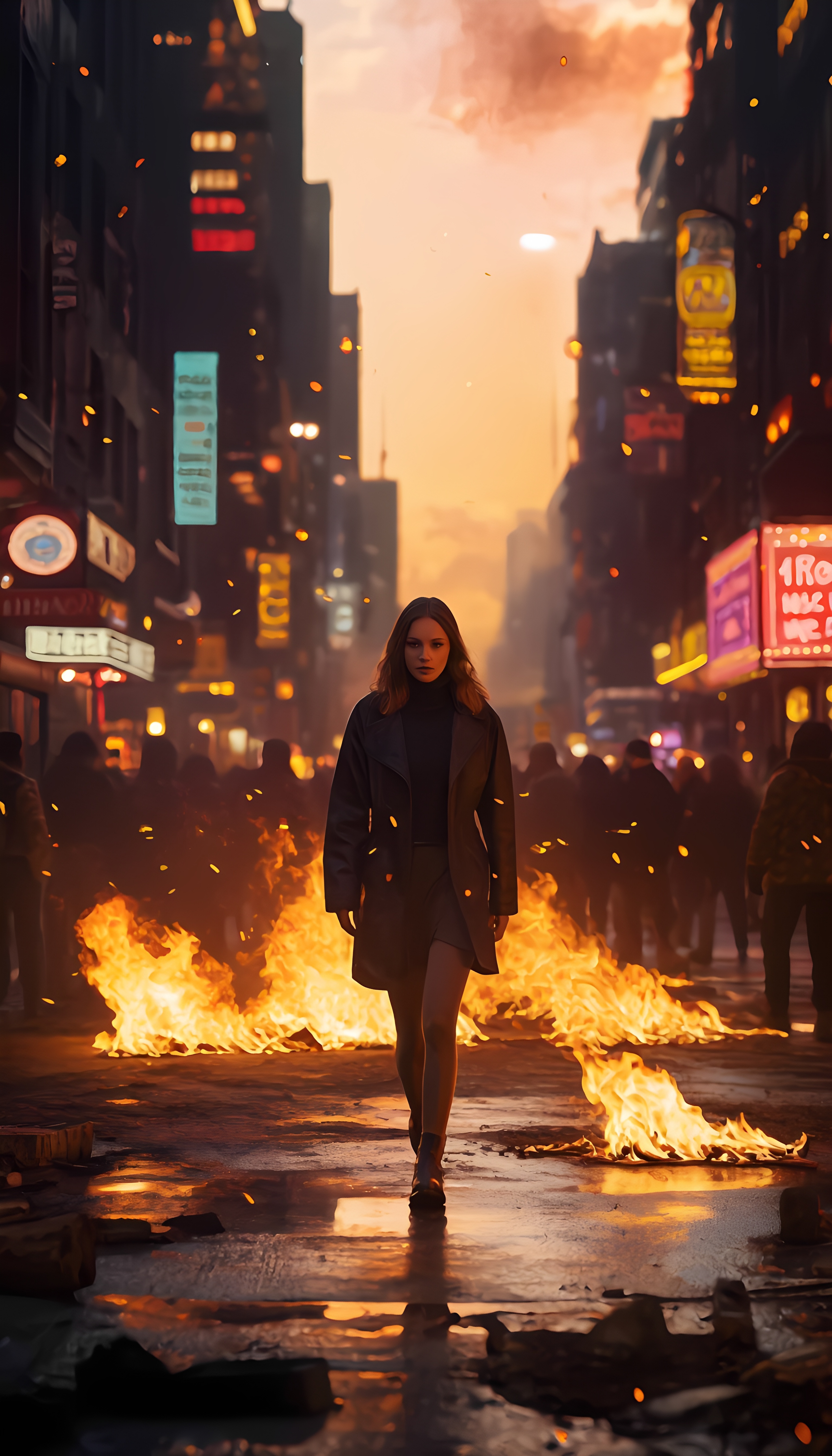 Woman Walking Through Flames City Street 2