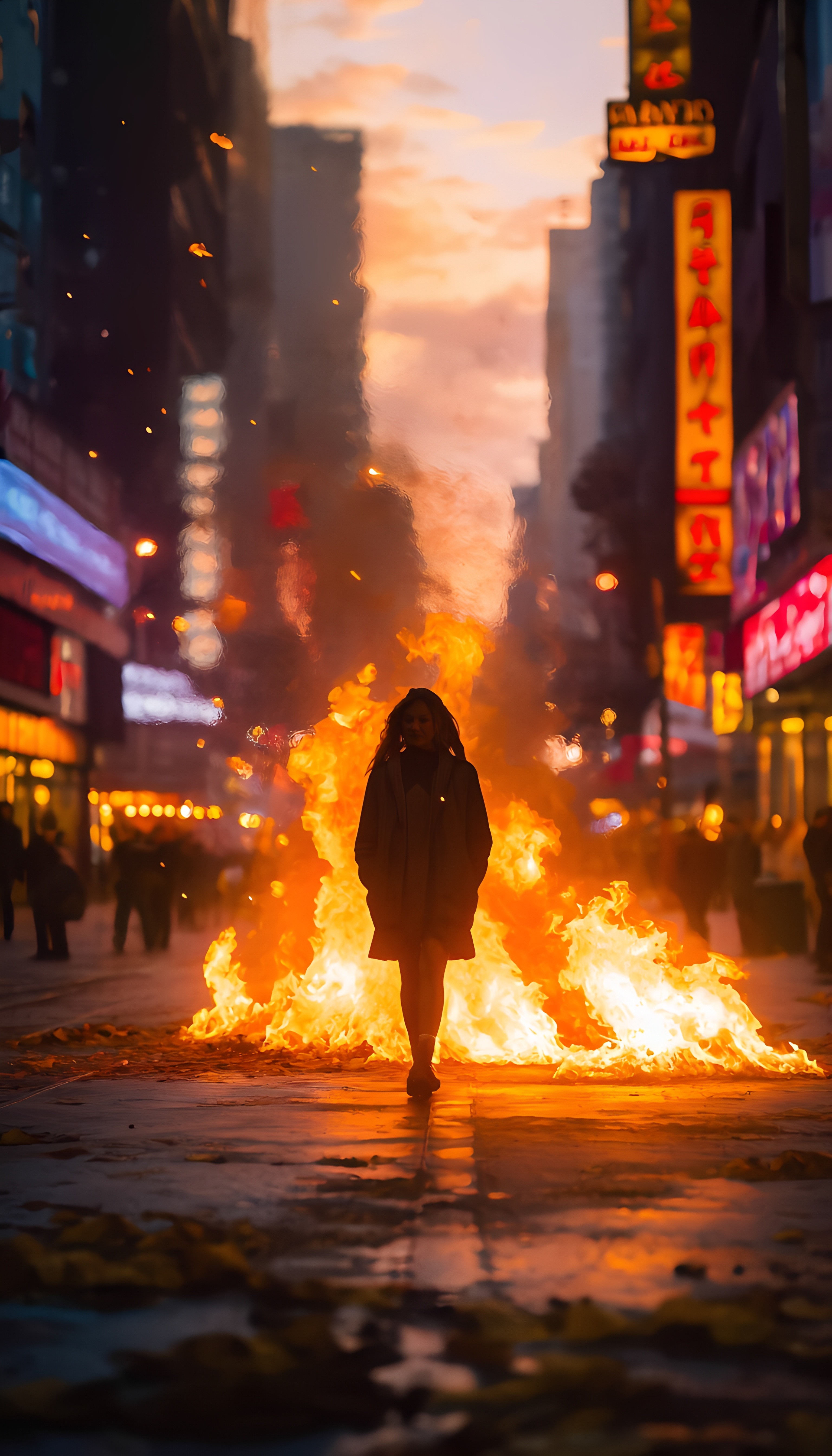 Woman Walking Through Flames City Street 3