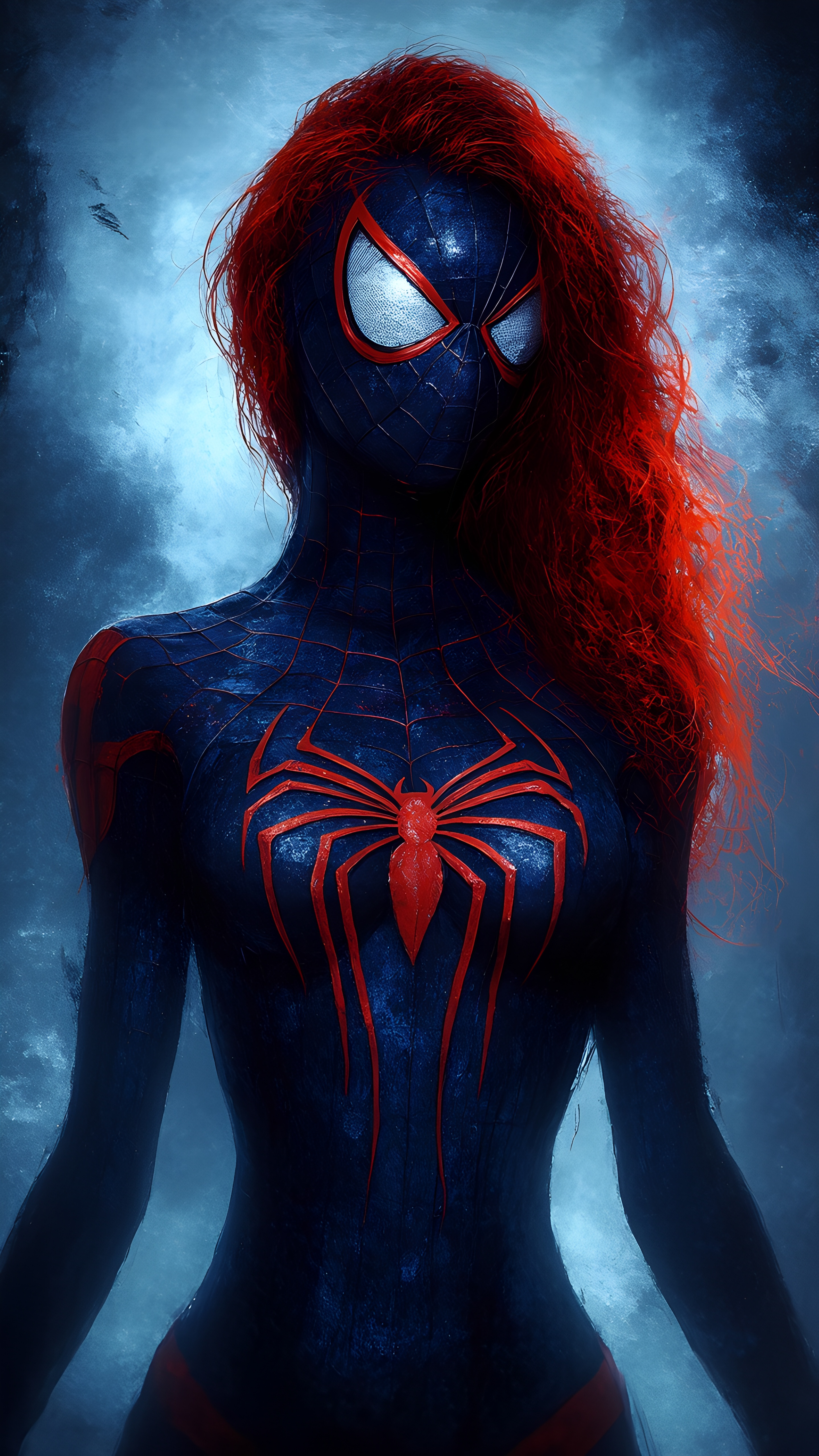 Female Spider Superhero Red Hair Blue Suit 1
