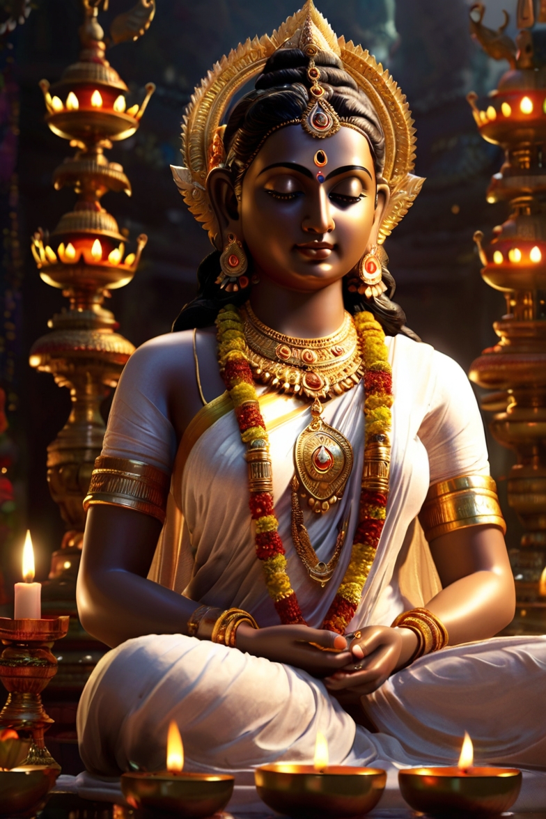 South Indian Goddess Statue Lit Lamp 1