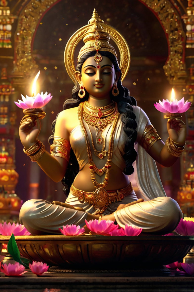 South Indian Goddess Statue Lit Lamp 2