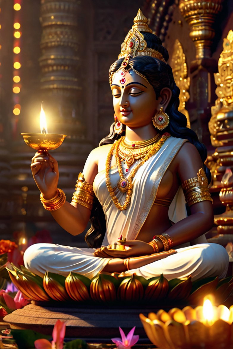 South Indian Goddess Statue Lit Lamp 3