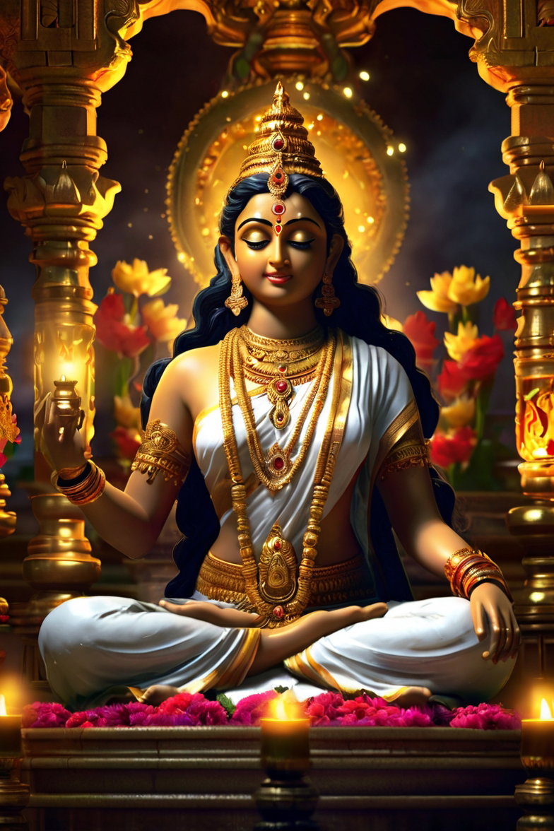 South Indian Goddess Statue Lit Lamp 4