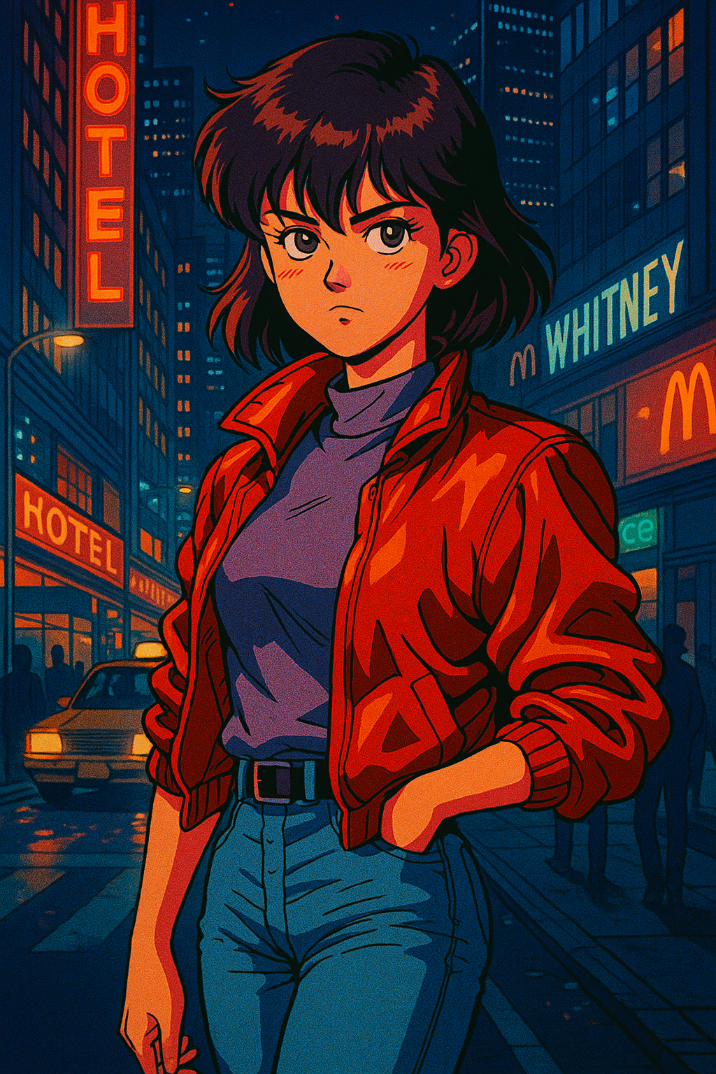 Anime Girl Red Jacket Neon City