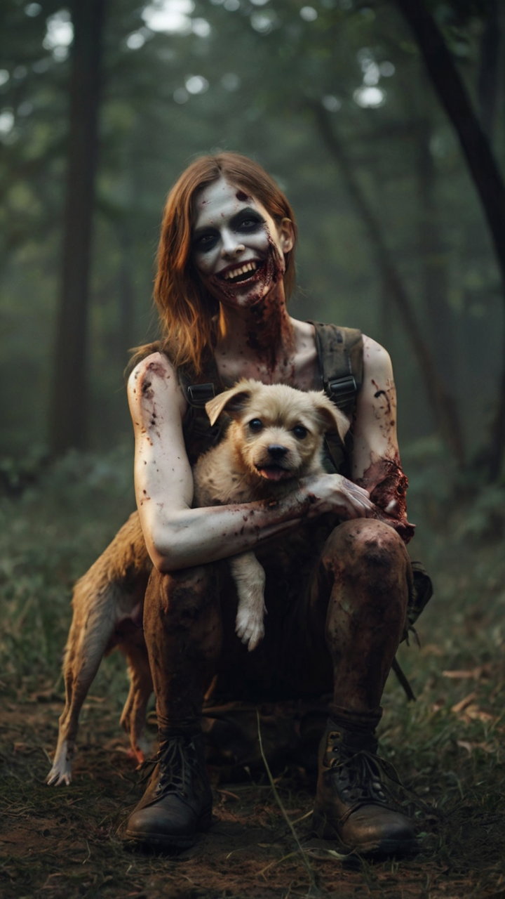 Zombie Holding Dog Creepy Forest 2