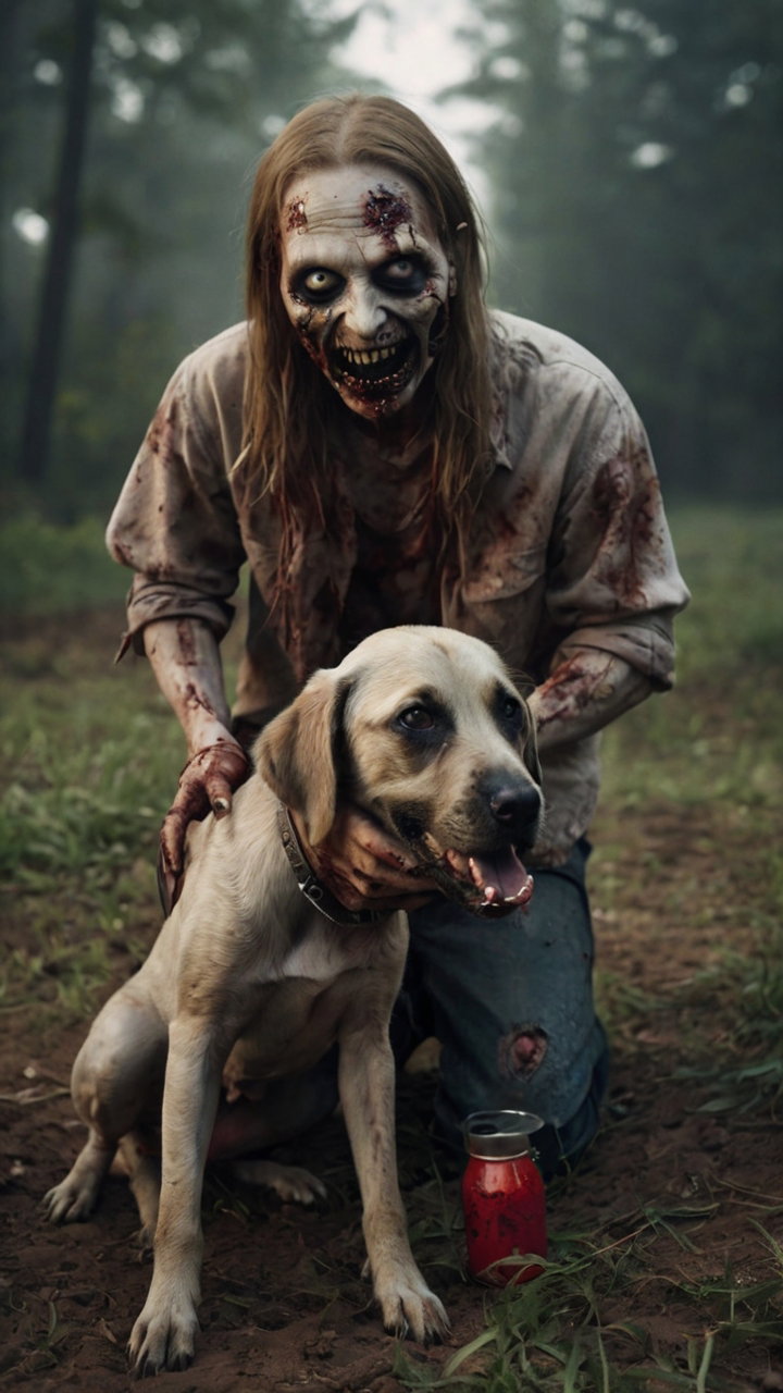 Zombie Holding Dog Creepy Forest 3